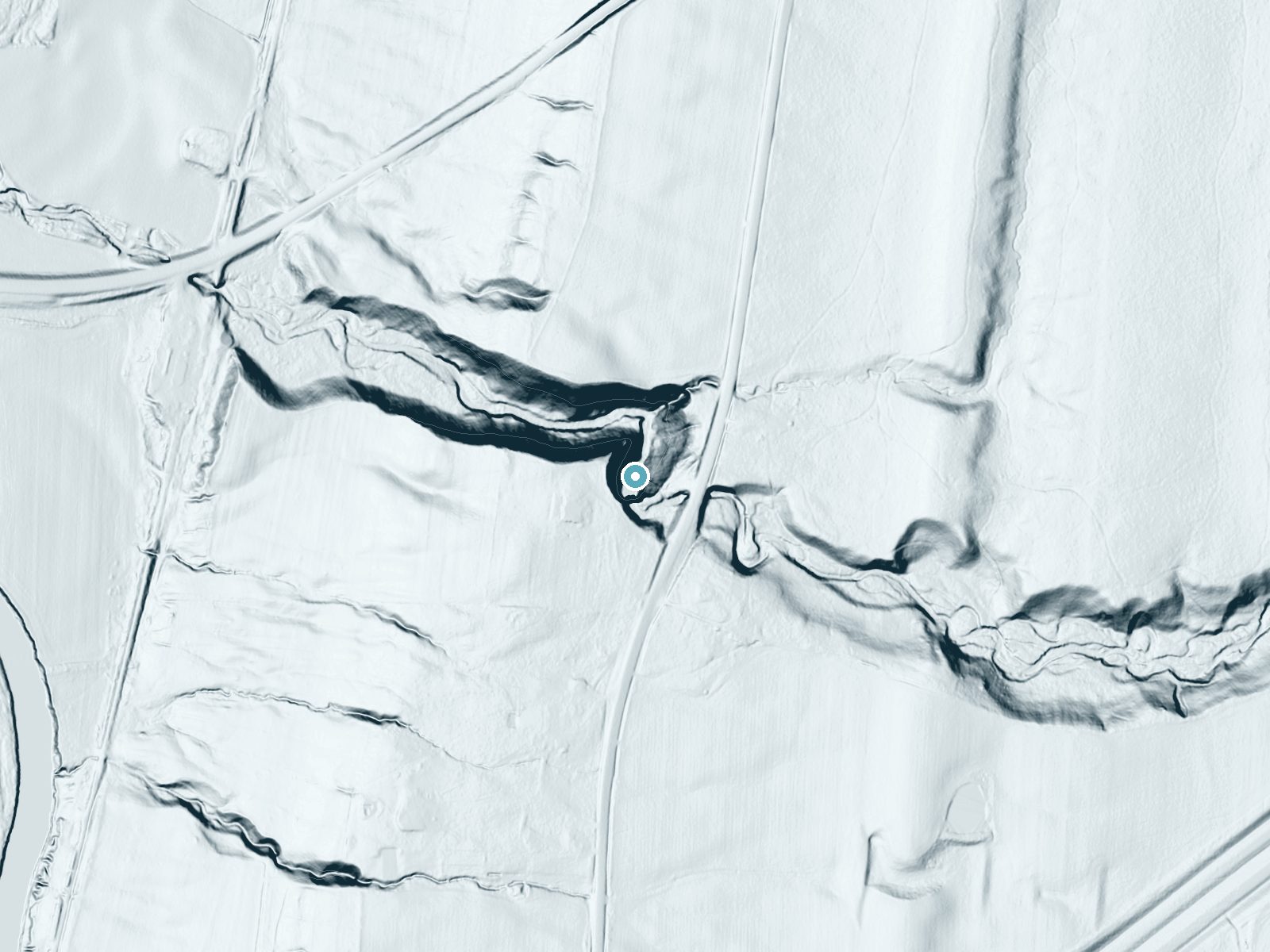 LiDAR bare-earth terrain around Fall Brook Falls near Cuylerville, New York, showing about 148 feet of drop, a single sheer drop, facing north