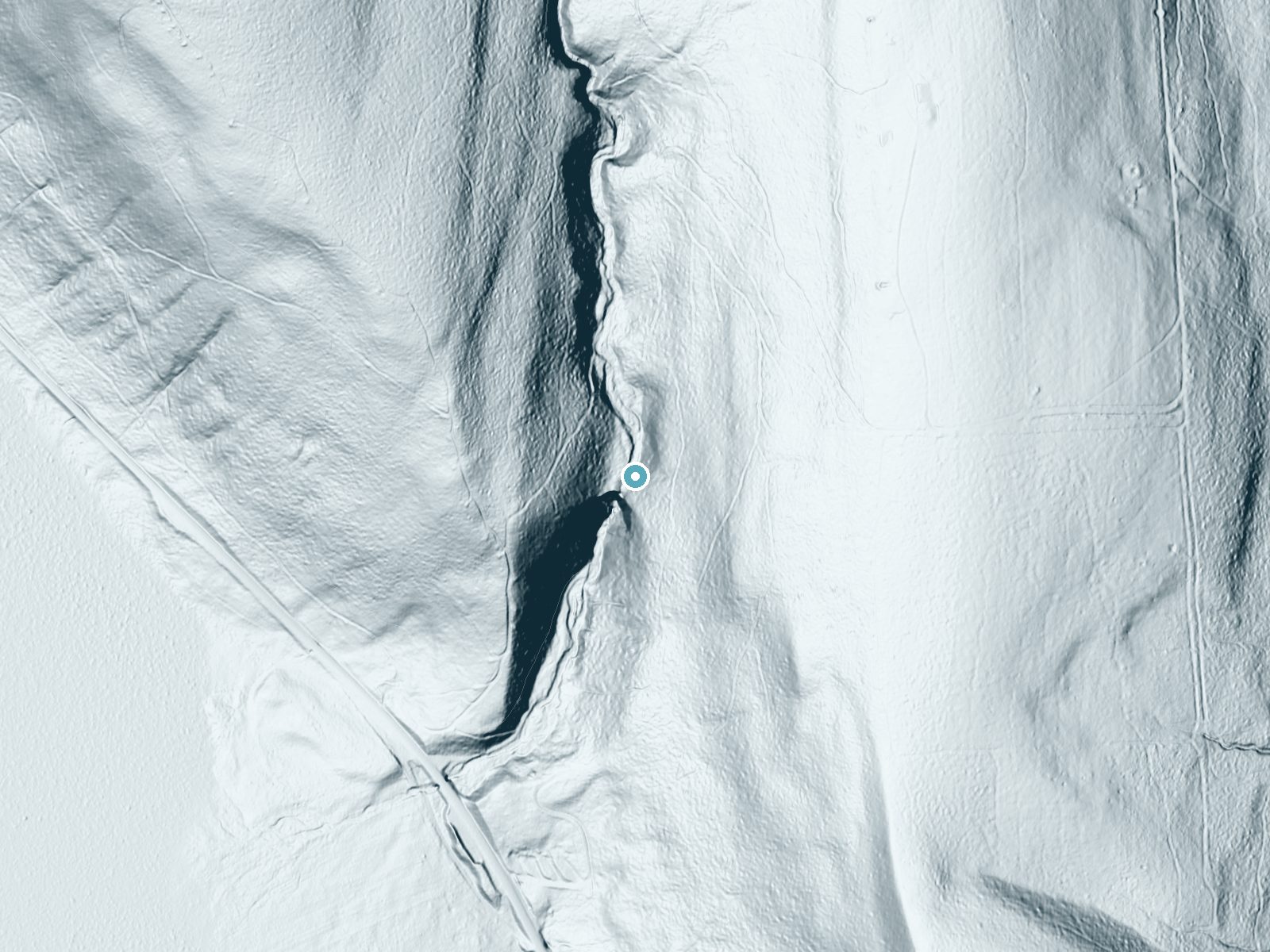 LiDAR bare-earth terrain around Tinker Falls near McGraw, New York, showing about 229 feet of drop, a steep tiered drop, facing west