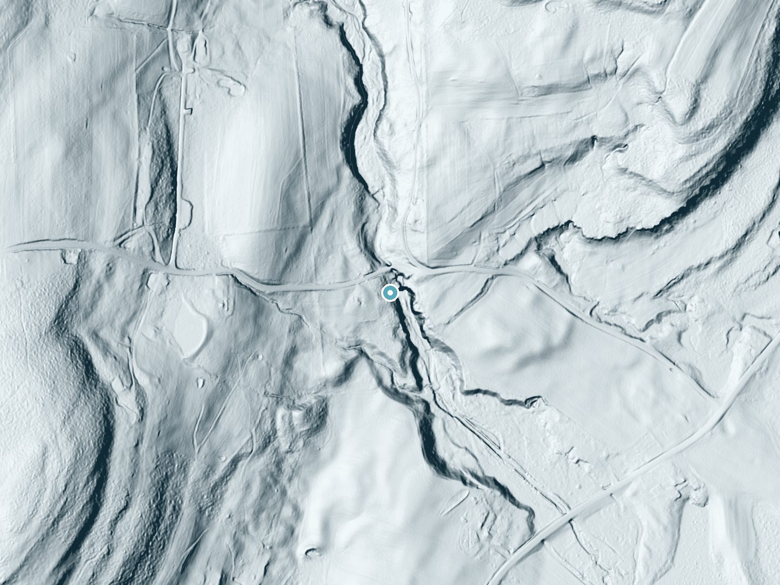 LiDAR bare-earth terrain around Button Falls near Unadilla Forks, New York, showing about 91 feet of drop, a steep tiered drop, facing southeast