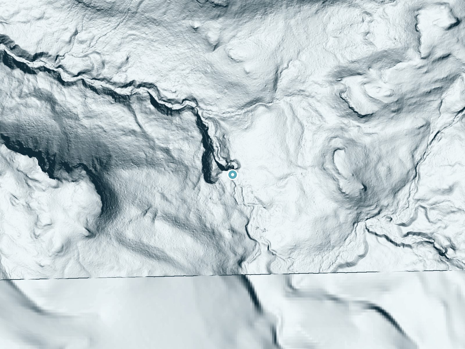 LiDAR bare-earth terrain around Red Blanket Falls near Prospect, Oregon, showing about 156 feet of drop, a steep tiered drop, facing northwest