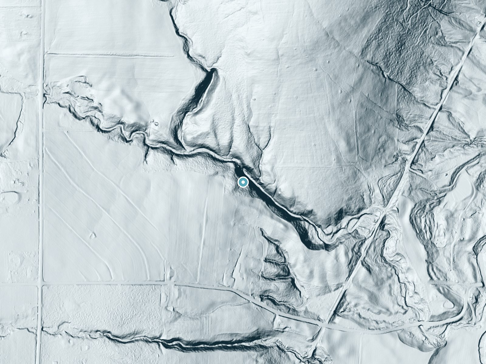 LiDAR bare-earth terrain around Johnson Falls near Strykersville, New York, showing about 129 feet of drop, a steep tiered drop, facing east