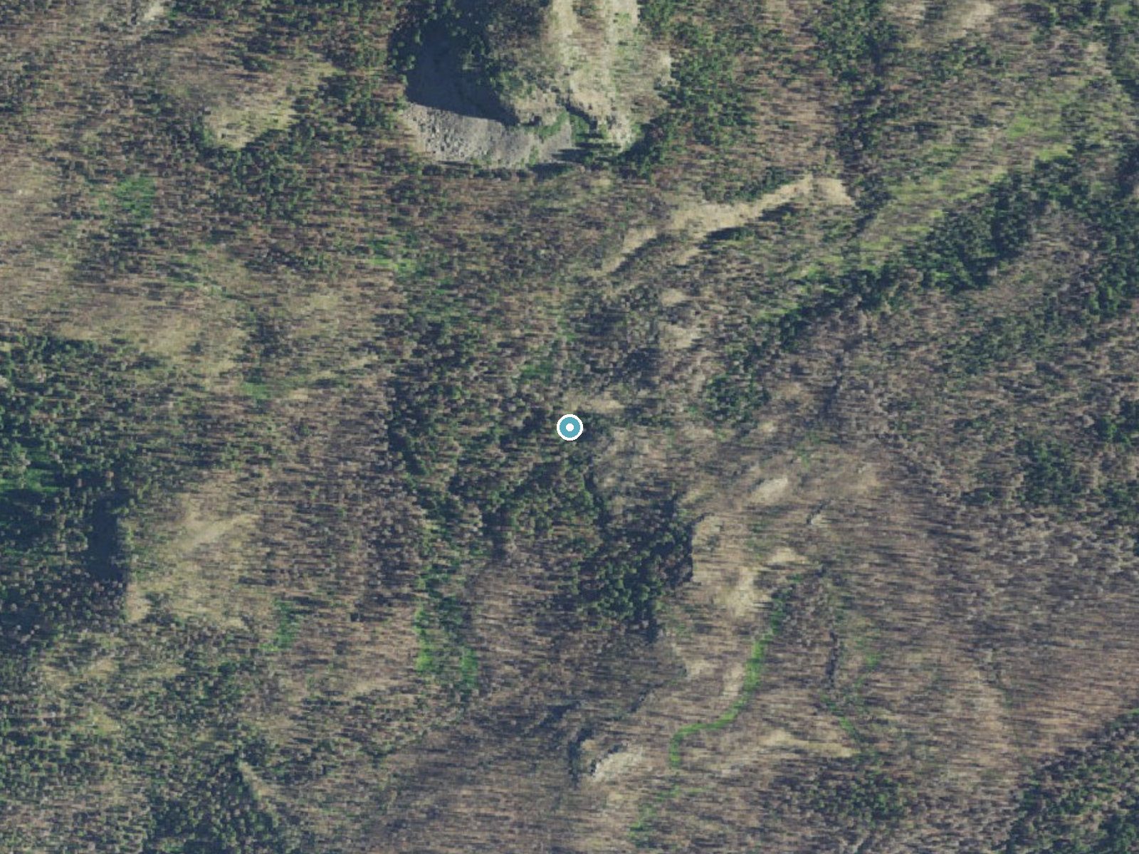 Aerial photo of the same ground around Stuart Falls near Prospect, Oregon, for comparison with the lidar view