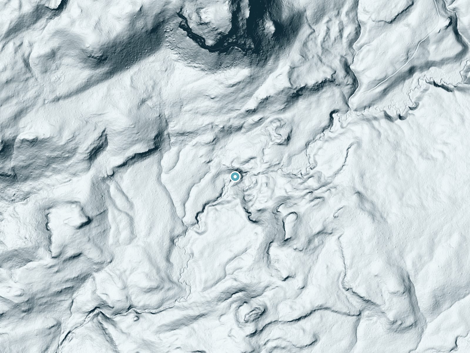 LiDAR bare-earth terrain around Stuart Falls near Prospect, Oregon, showing about 130 feet of drop, a steep tiered drop, facing west