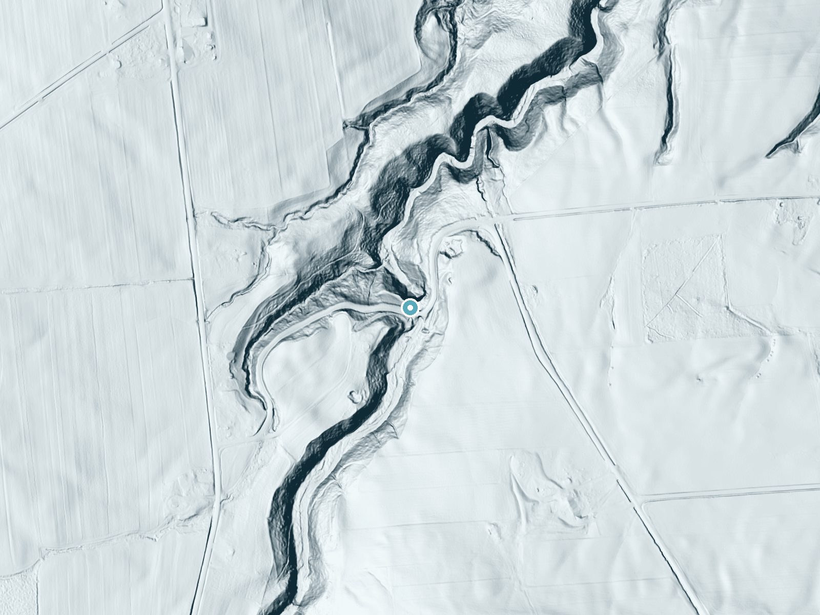 LiDAR bare-earth terrain around Carpenter Falls near Melrose Park, New York, showing about 160 feet of drop, a steep tiered drop, facing north