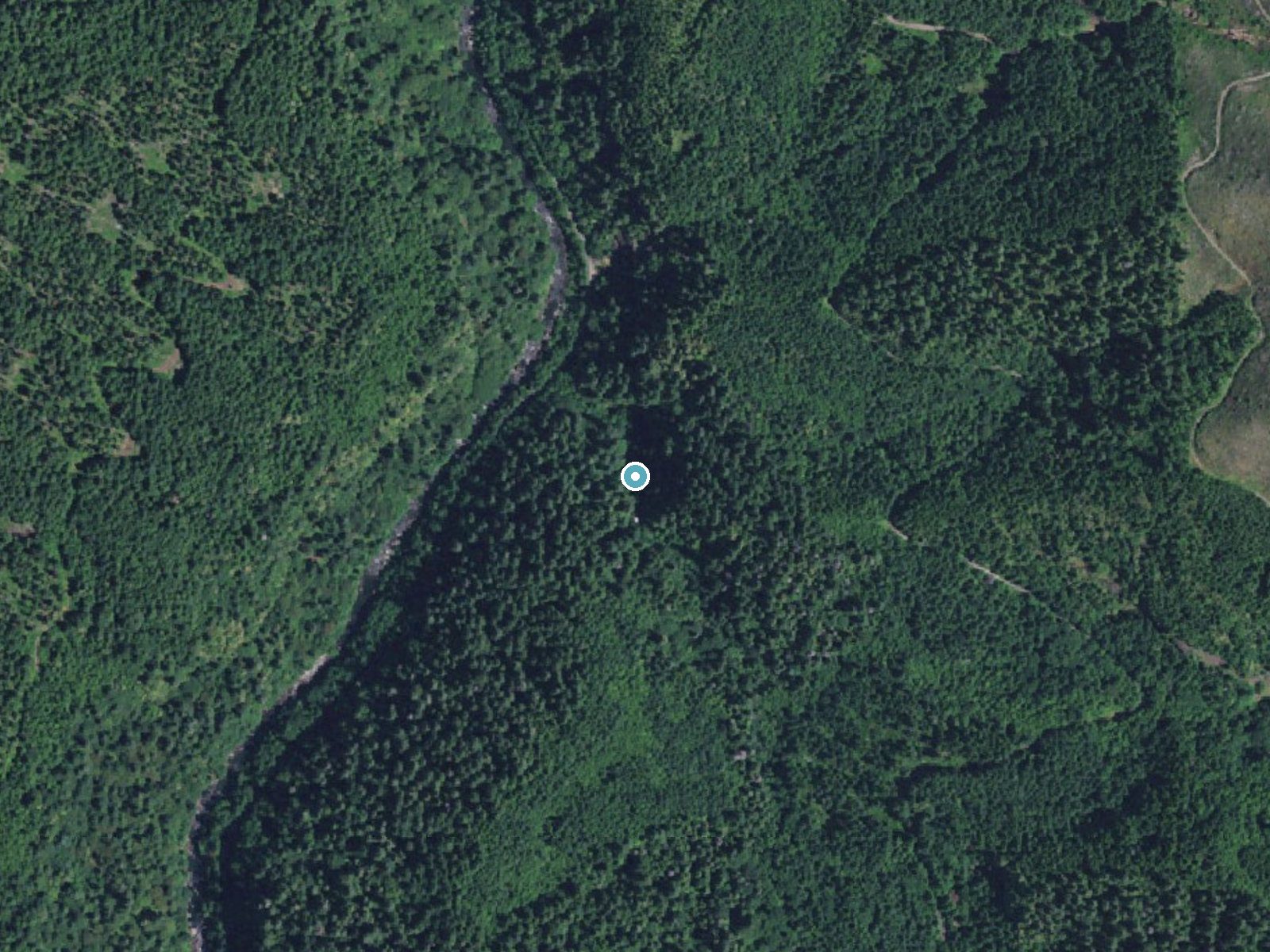 Aerial photo of the same ground around Elk Creek Falls near Powers, Oregon, for comparison with the lidar view