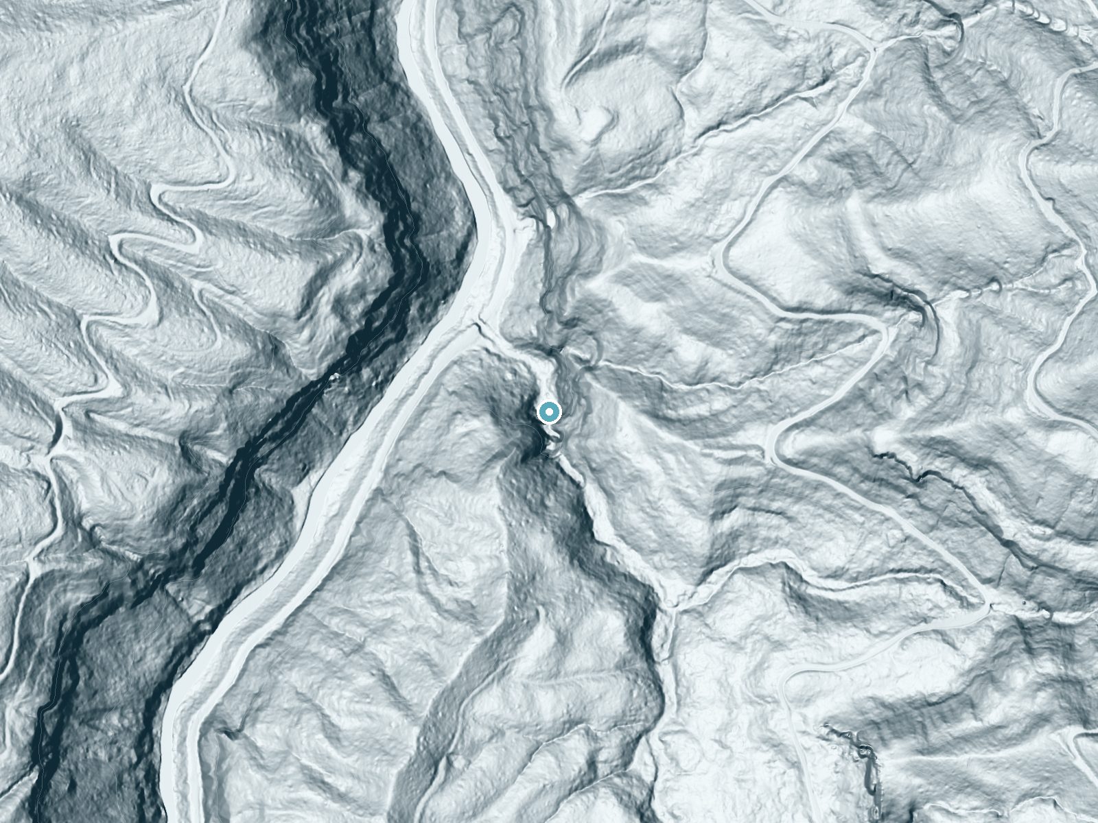 LiDAR bare-earth terrain around Elk Creek Falls near Powers, Oregon, showing about 379 feet of drop, a single sheer drop, facing northwest