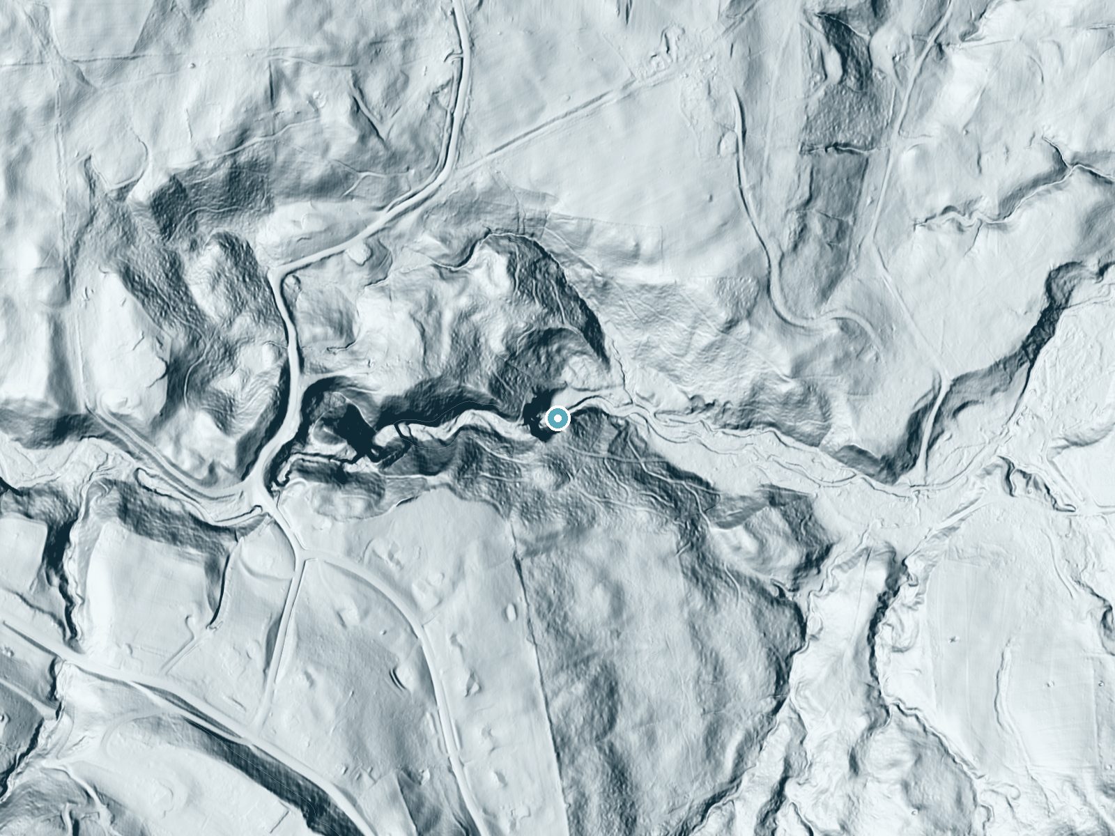 LiDAR bare-earth terrain around Fellows Falls near Nedrow, New York, showing about 166 feet of drop, a steep tiered drop, facing northeast