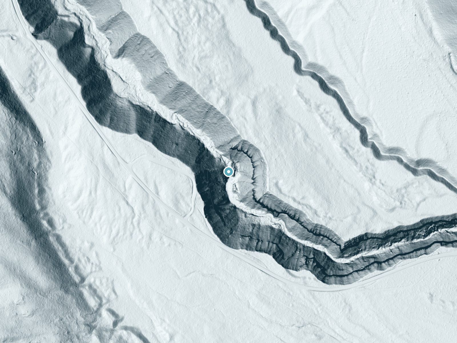 LiDAR bare-earth terrain around Annie Falls near Fort Klamath, Oregon, showing about 193 feet of drop, a long cascade, facing southeast