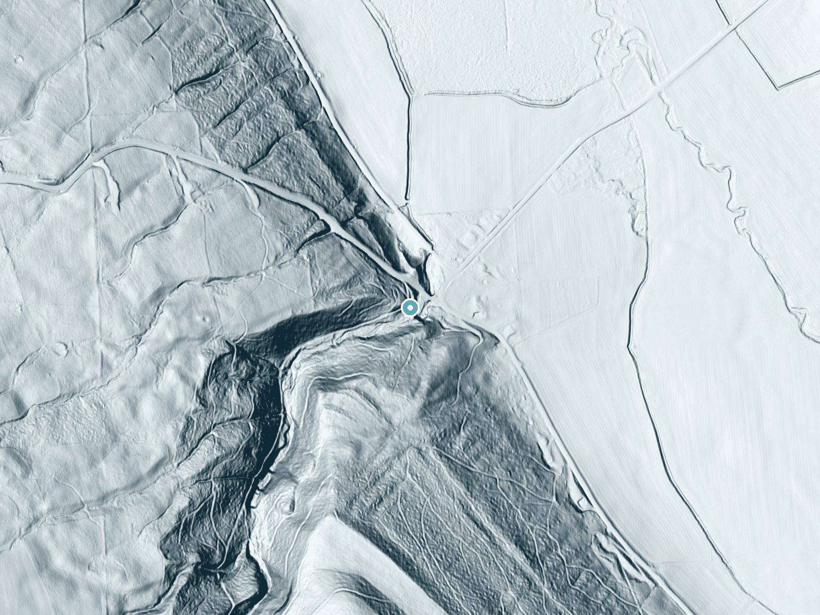 LiDAR bare-earth terrain around Bucktail Falls near Fairmount, New York, showing about 143 feet of drop, a long cascade, facing east