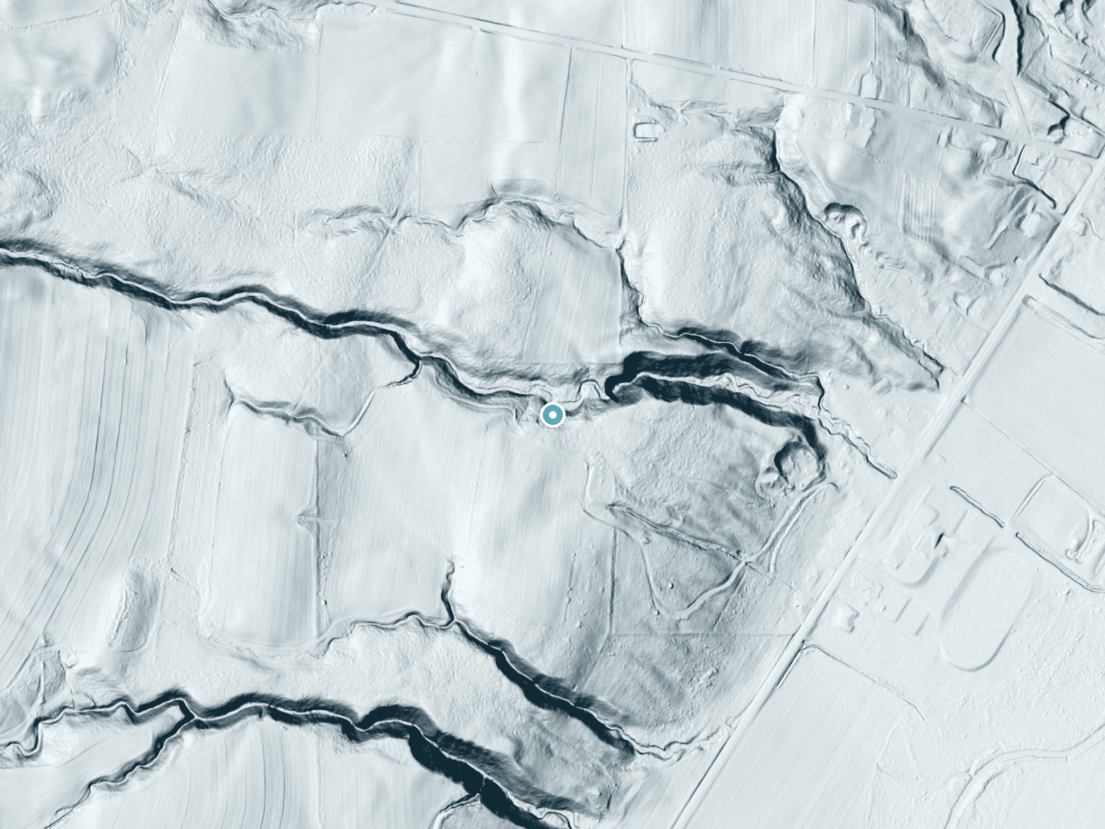 LiDAR bare-earth terrain around Cascade Falls near Wyoming, New York, showing about 72 feet of drop, a long cascade, facing northeast