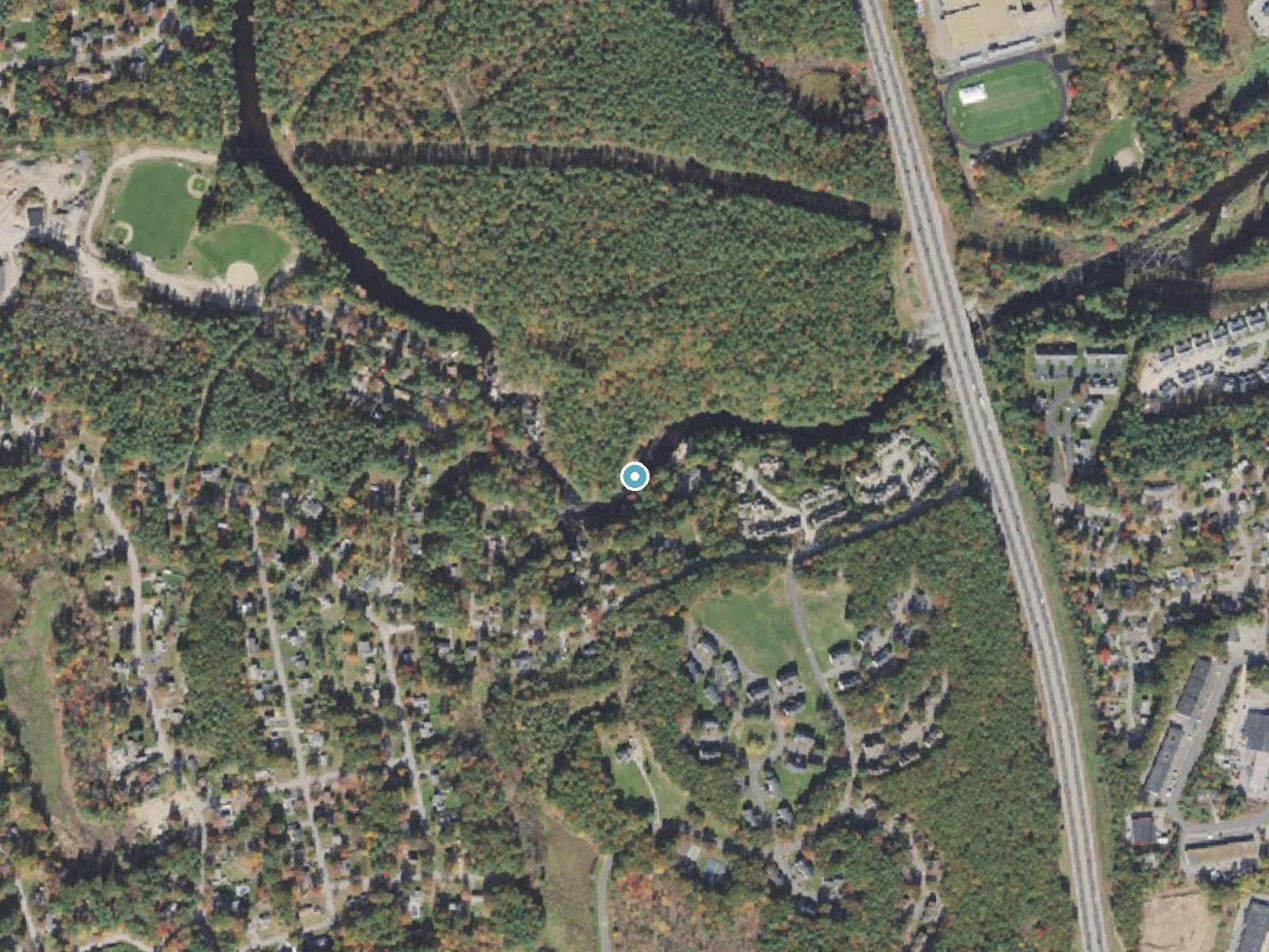 Aerial photo of the same ground around Wildcat Falls near East Merrimack, New Hampshire, for comparison with the lidar view