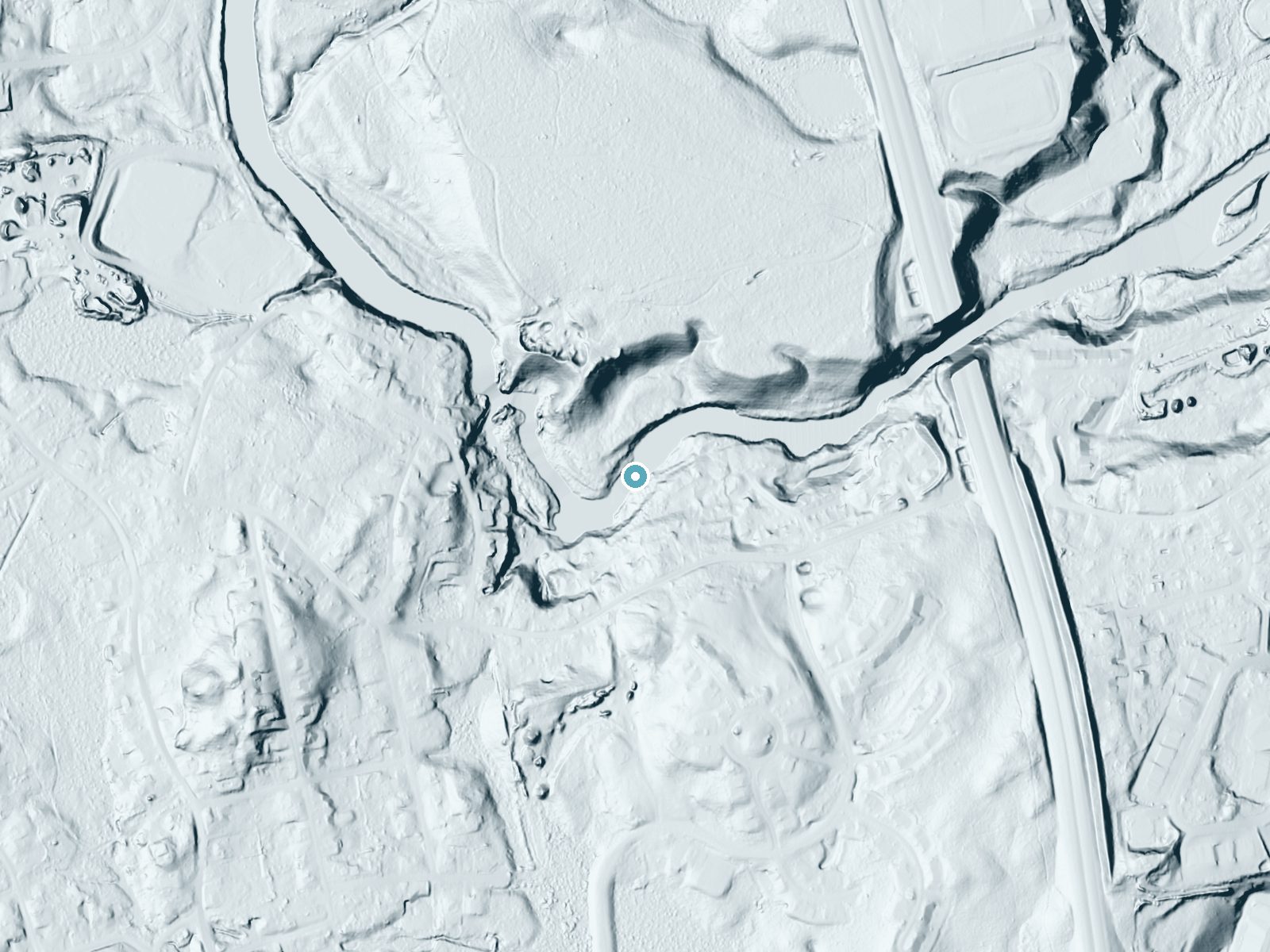 LiDAR bare-earth terrain around Wildcat Falls near East Merrimack, New Hampshire, showing about 38 feet of drop, a long cascade, facing northwest