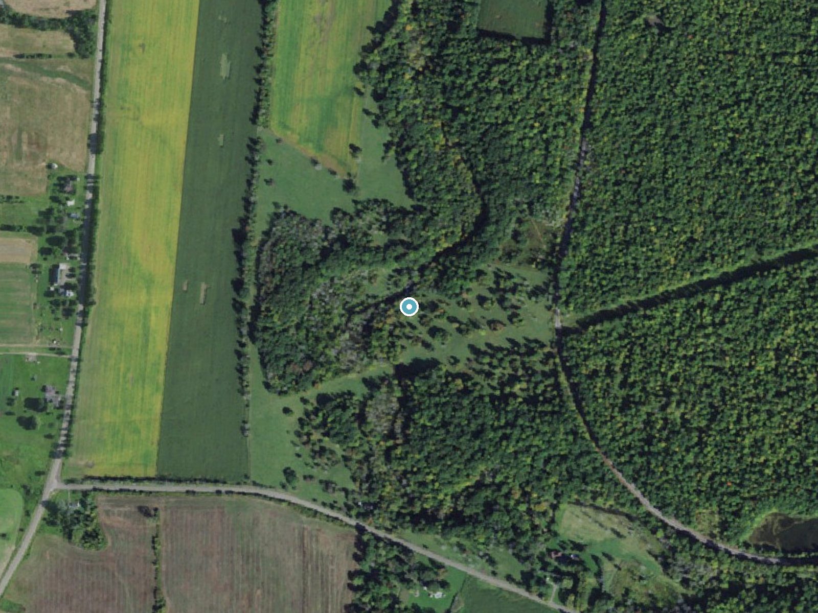 Aerial photo of the same ground around Triphammer Falls near Lakeville, New York, for comparison with the lidar view