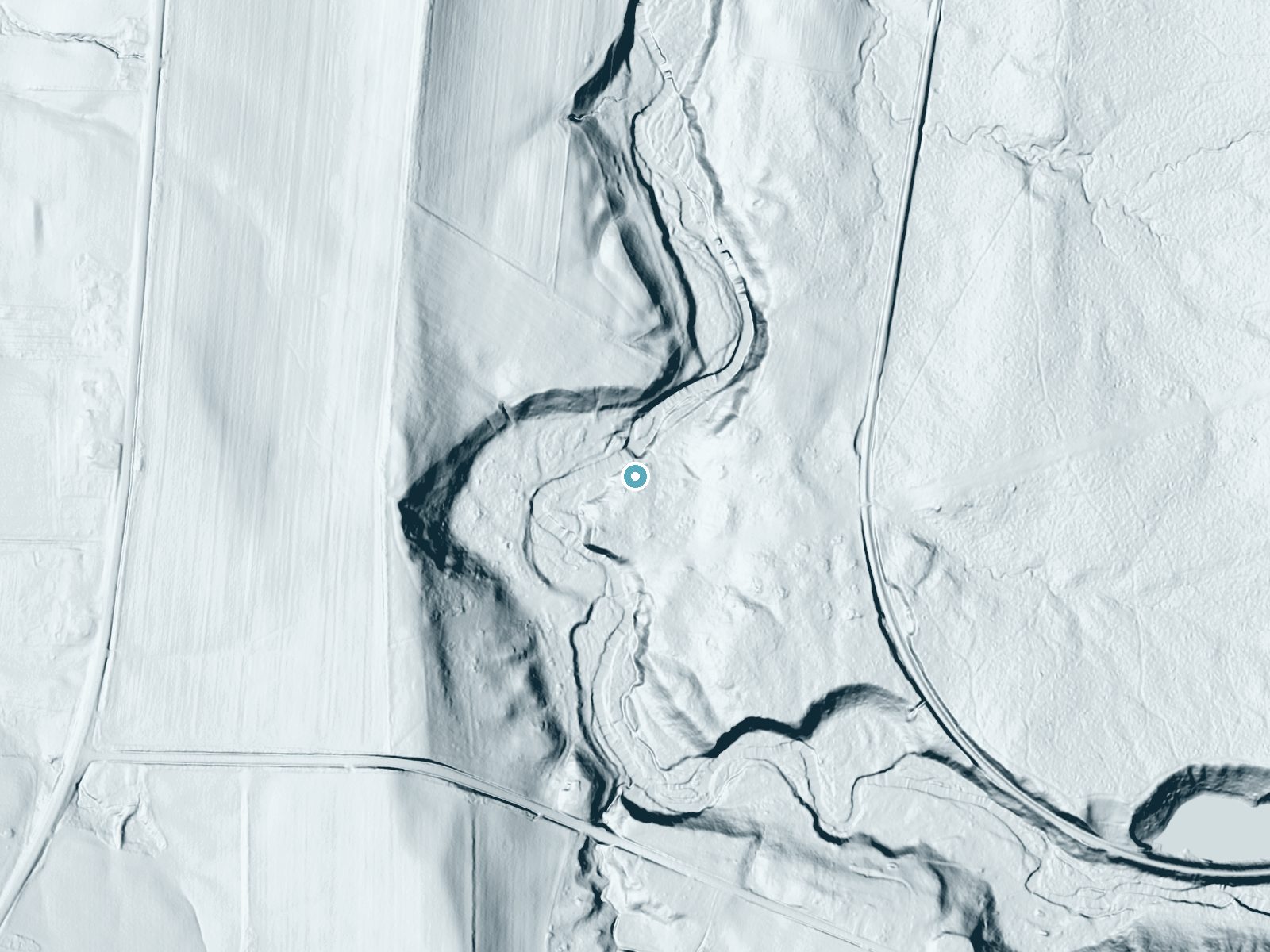 LiDAR bare-earth terrain around Triphammer Falls near Lakeville, New York, showing about 35 feet of drop, a long cascade, facing northwest