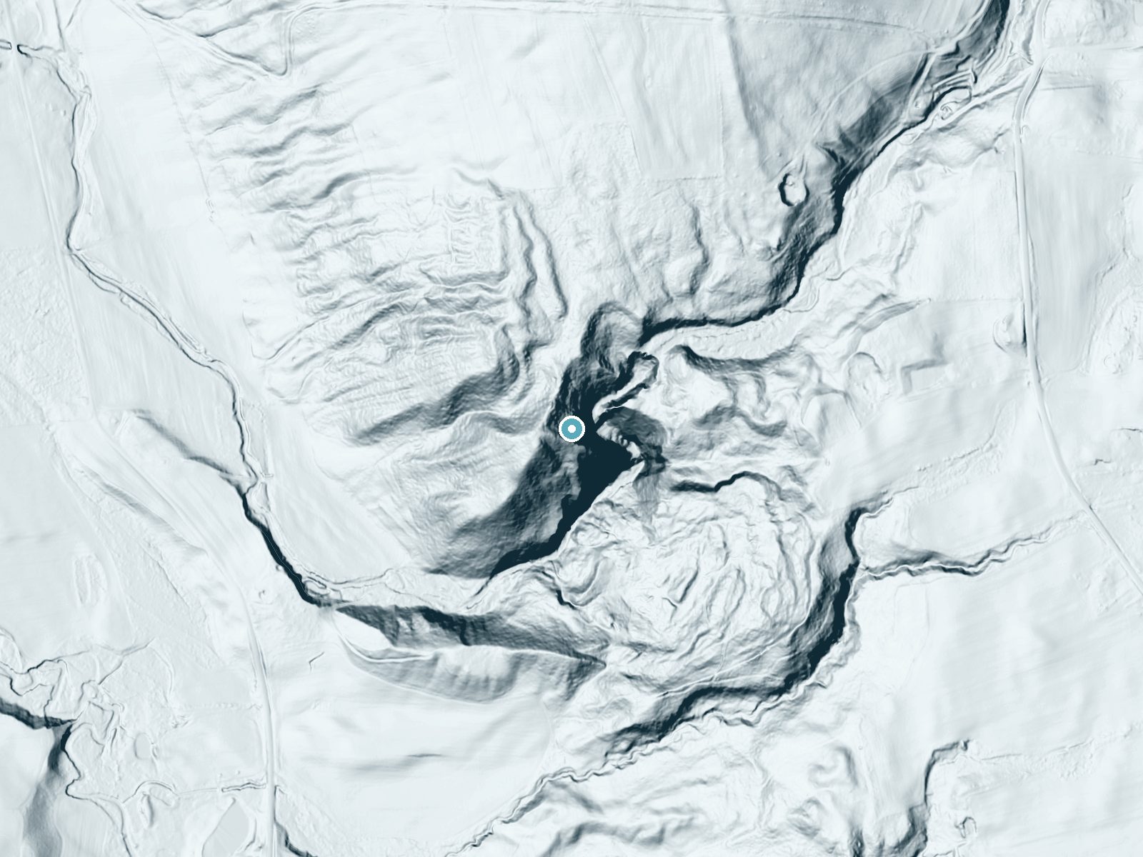 LiDAR bare-earth terrain around The Cascades near Nedrow, New York, showing about 201 feet of drop, a steep tiered drop, facing east