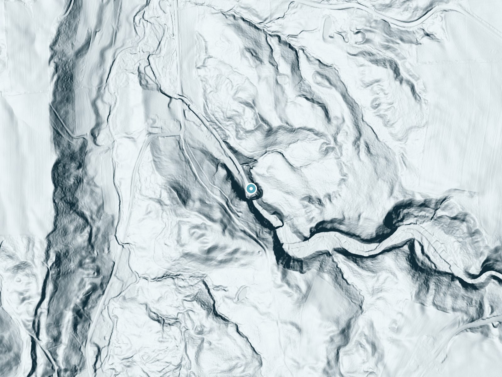 LiDAR bare-earth terrain around Delphi Falls near Chittenango, New York, showing about 165 feet of drop, a single sheer drop, facing northwest