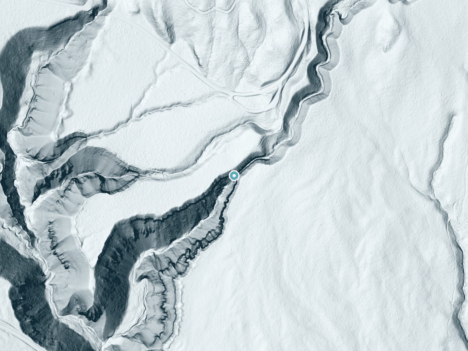 LiDAR bare-earth terrain around Duwee Falls near Fort Klamath, Oregon, showing about 197 feet of drop, a steep tiered drop, facing southwest