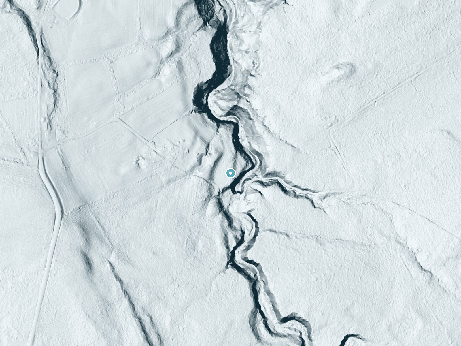 LiDAR bare-earth terrain around Buttermilk Falls near Fultonville, New York, showing about 81 feet of drop, a steep tiered drop, facing east