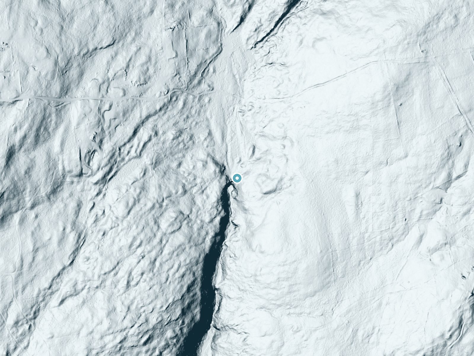 LiDAR bare-earth terrain around Purgatory Falls near New Boston, New Hampshire, showing about 113 feet of drop, a long cascade, facing west