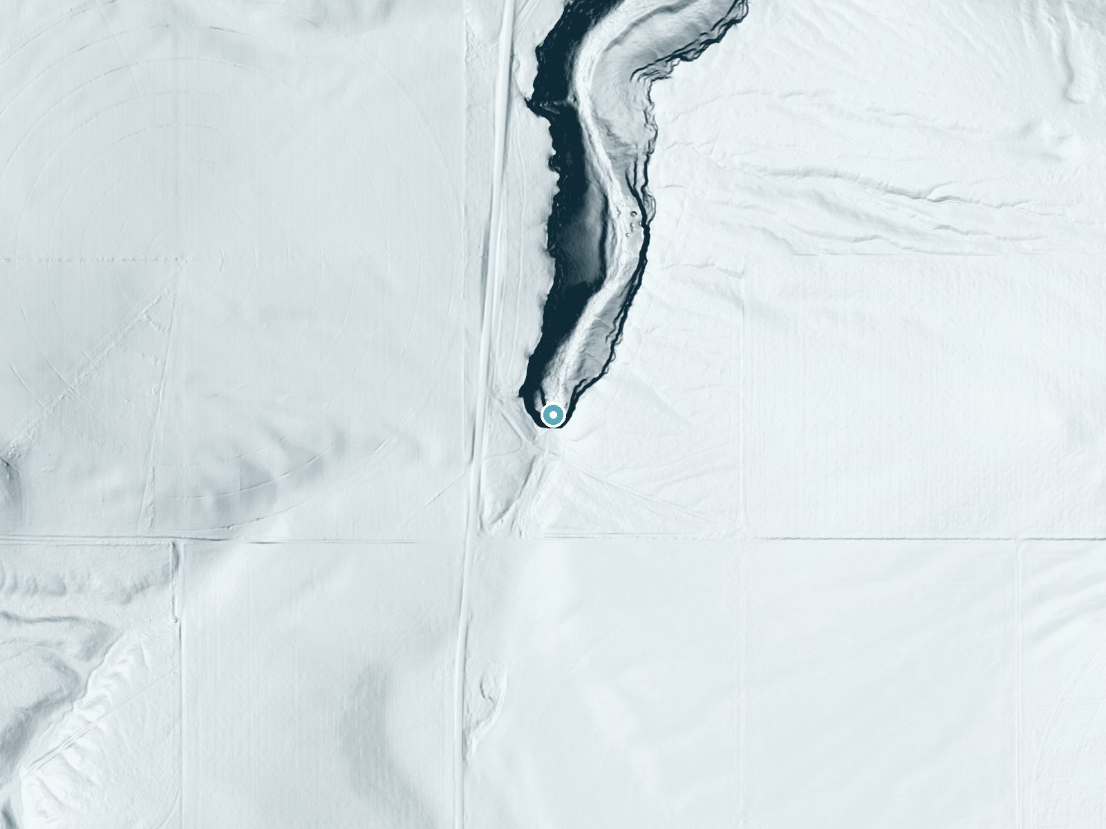 LiDAR bare-earth terrain around Deadman Falls near Glenns Ferry, Idaho, showing about 161 feet of drop, a single sheer drop, facing north
