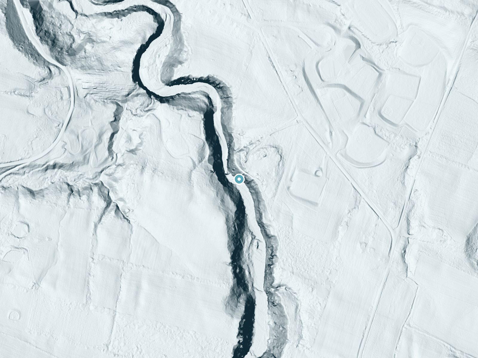 LiDAR bare-earth terrain around Canajoharie Falls near Palatine Bridge, New York, showing about 184 feet of drop, a steep tiered drop, facing southwest