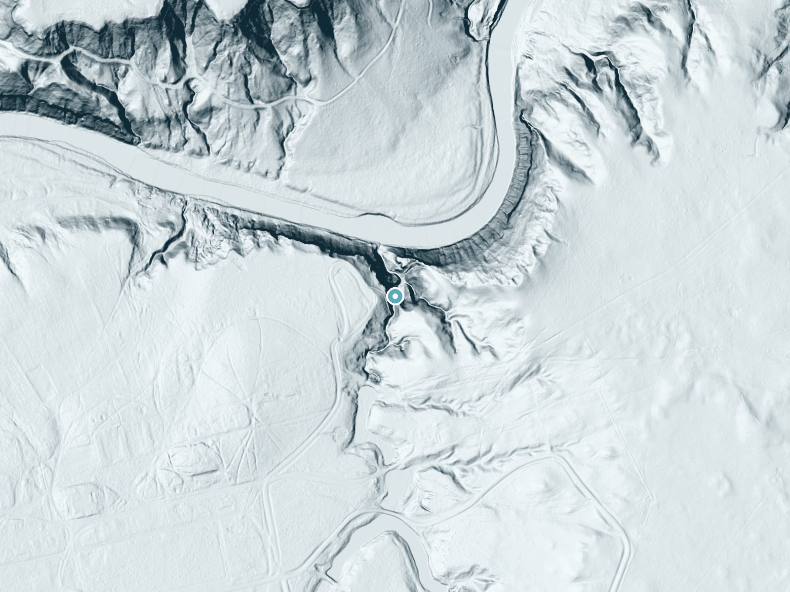 LiDAR bare-earth terrain around Fort Falls near Valentine, Nebraska, showing about 115 feet of drop, a steep tiered drop, facing north