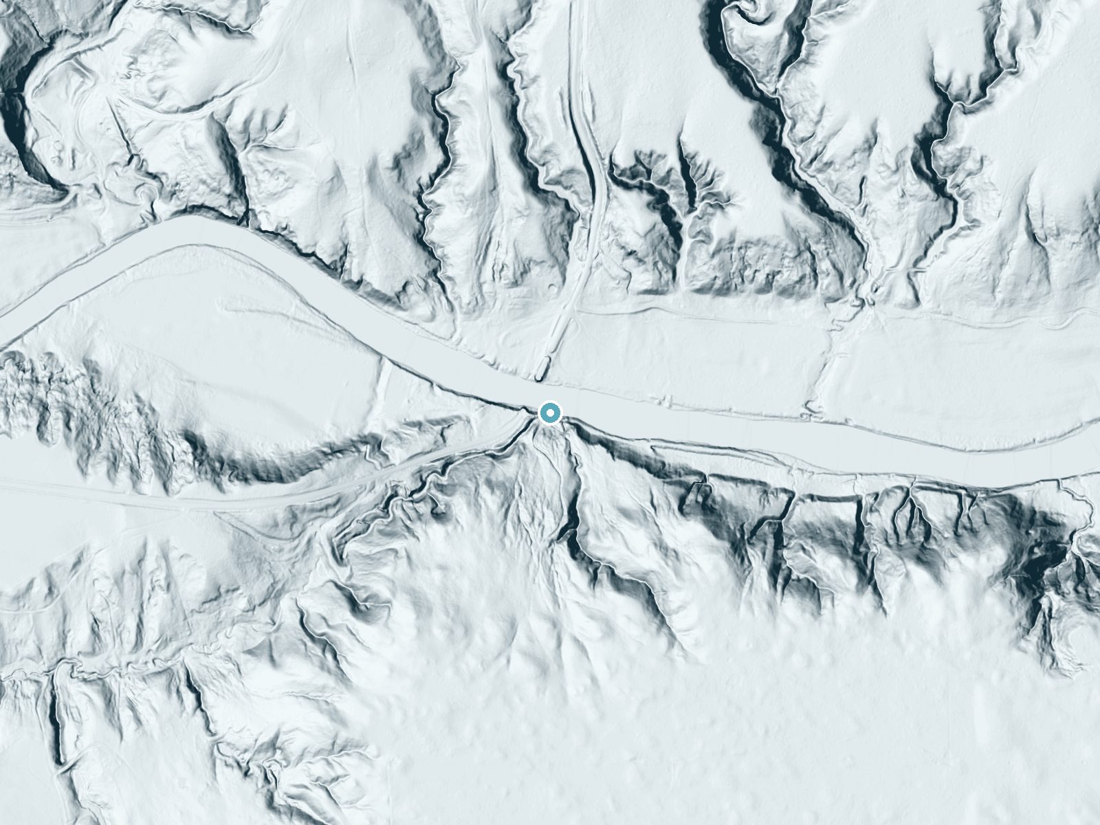 LiDAR bare-earth terrain around Berry Falls near Valentine, Nebraska, showing about 63 feet of drop, a long cascade, facing north