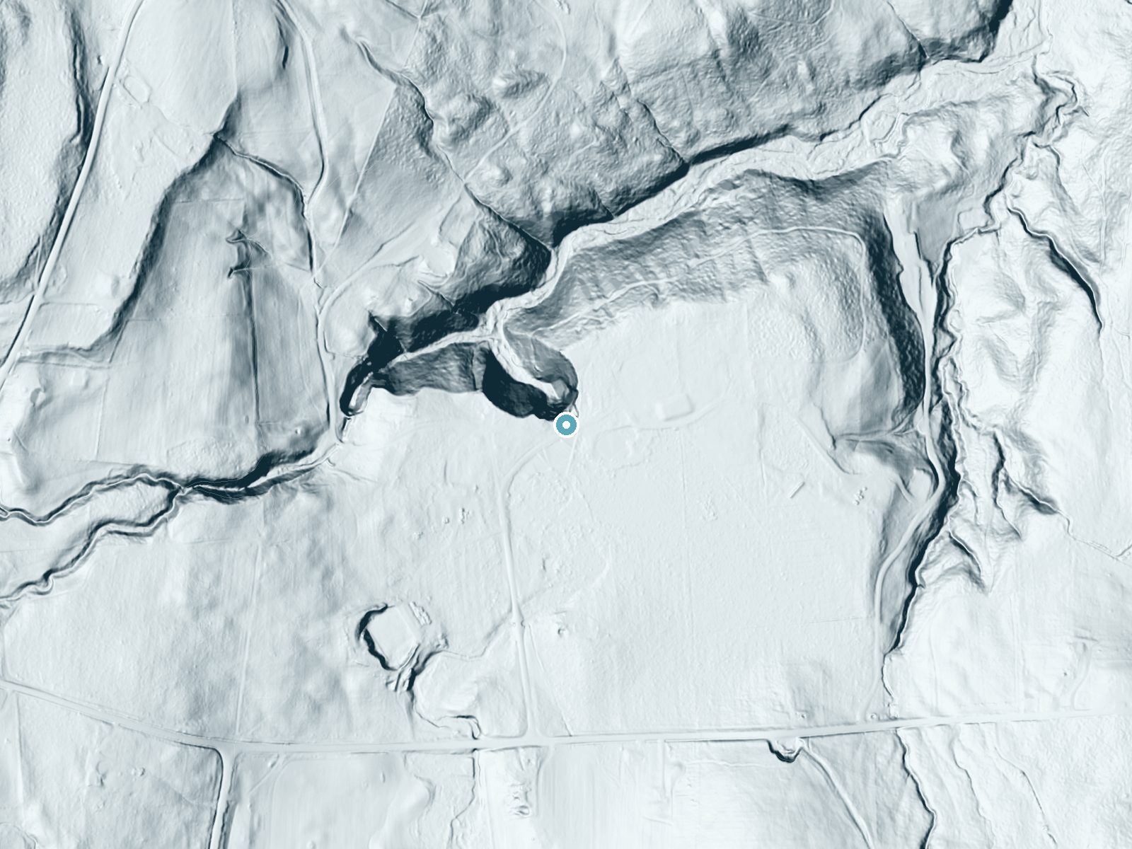 LiDAR bare-earth terrain around Pratts Falls near Fayetteville, New York, showing about 144 feet of drop, a single sheer drop, facing northwest