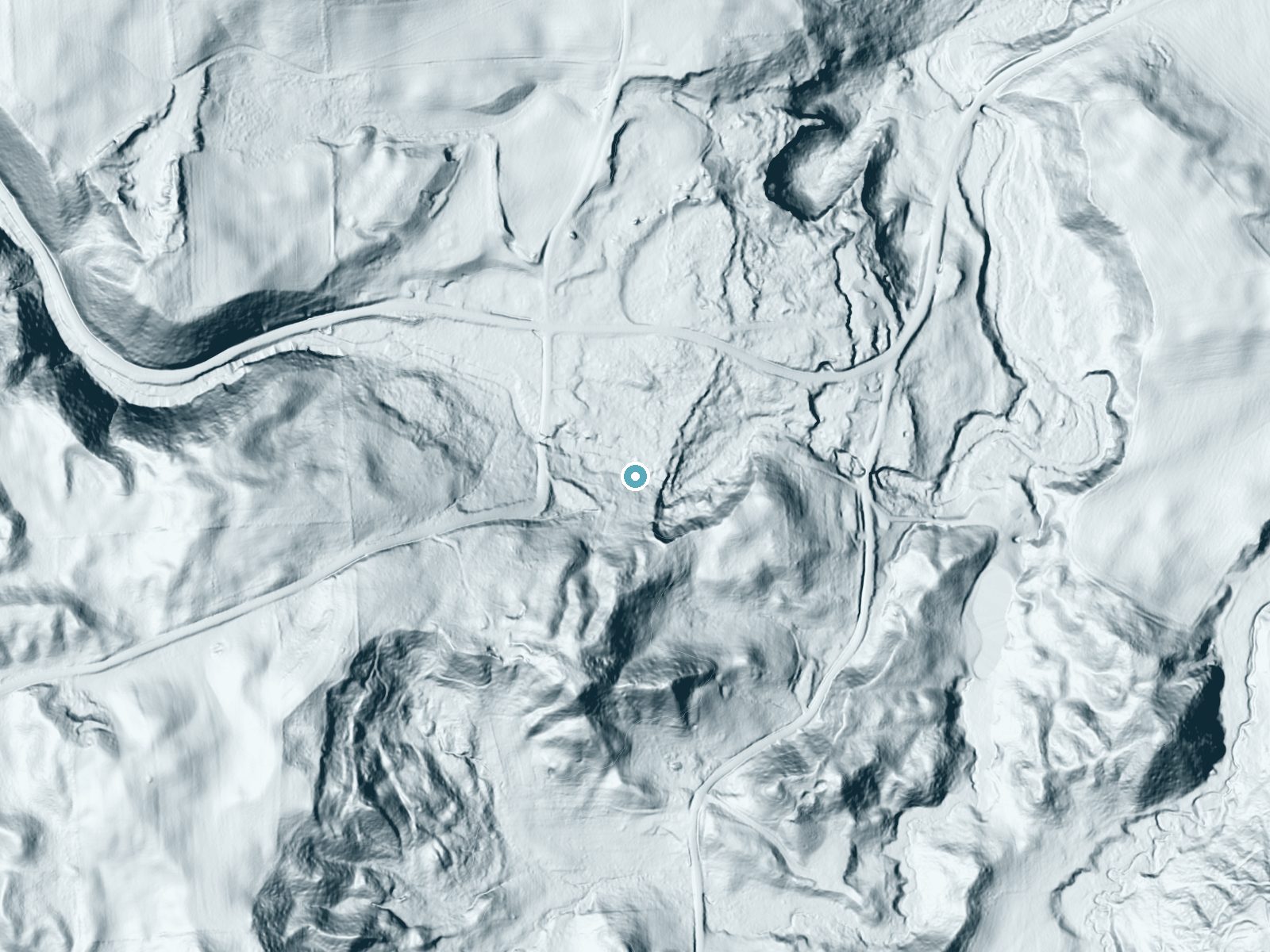 LiDAR bare-earth terrain around Stockbridge Falls near Munnsville, New York, showing about 80 feet of drop, a long cascade, facing northeast