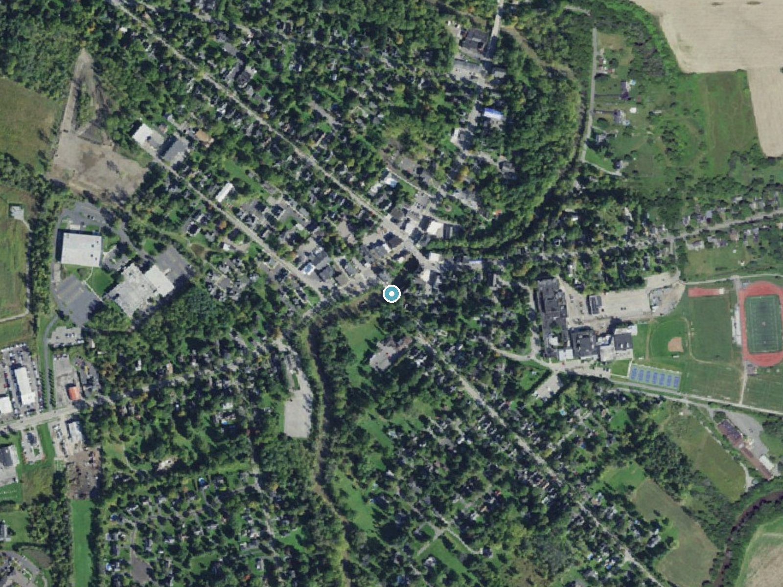 Aerial photo of the same ground around Honeoye Falls near Honeoye Falls, New York, for comparison with the lidar view