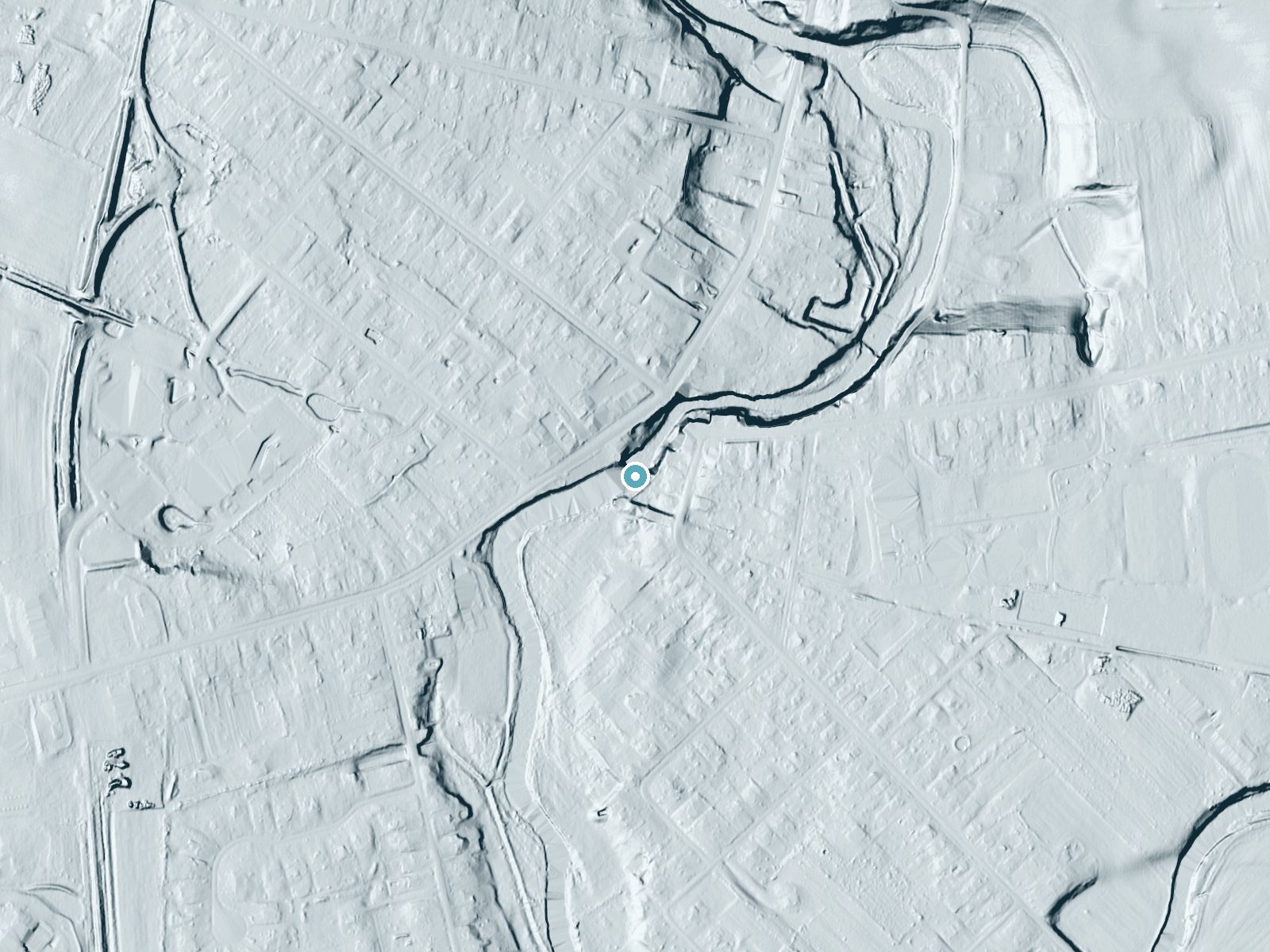 LiDAR bare-earth terrain around Honeoye Falls near Honeoye Falls, New York, showing about 34 feet of drop, a long cascade, facing north