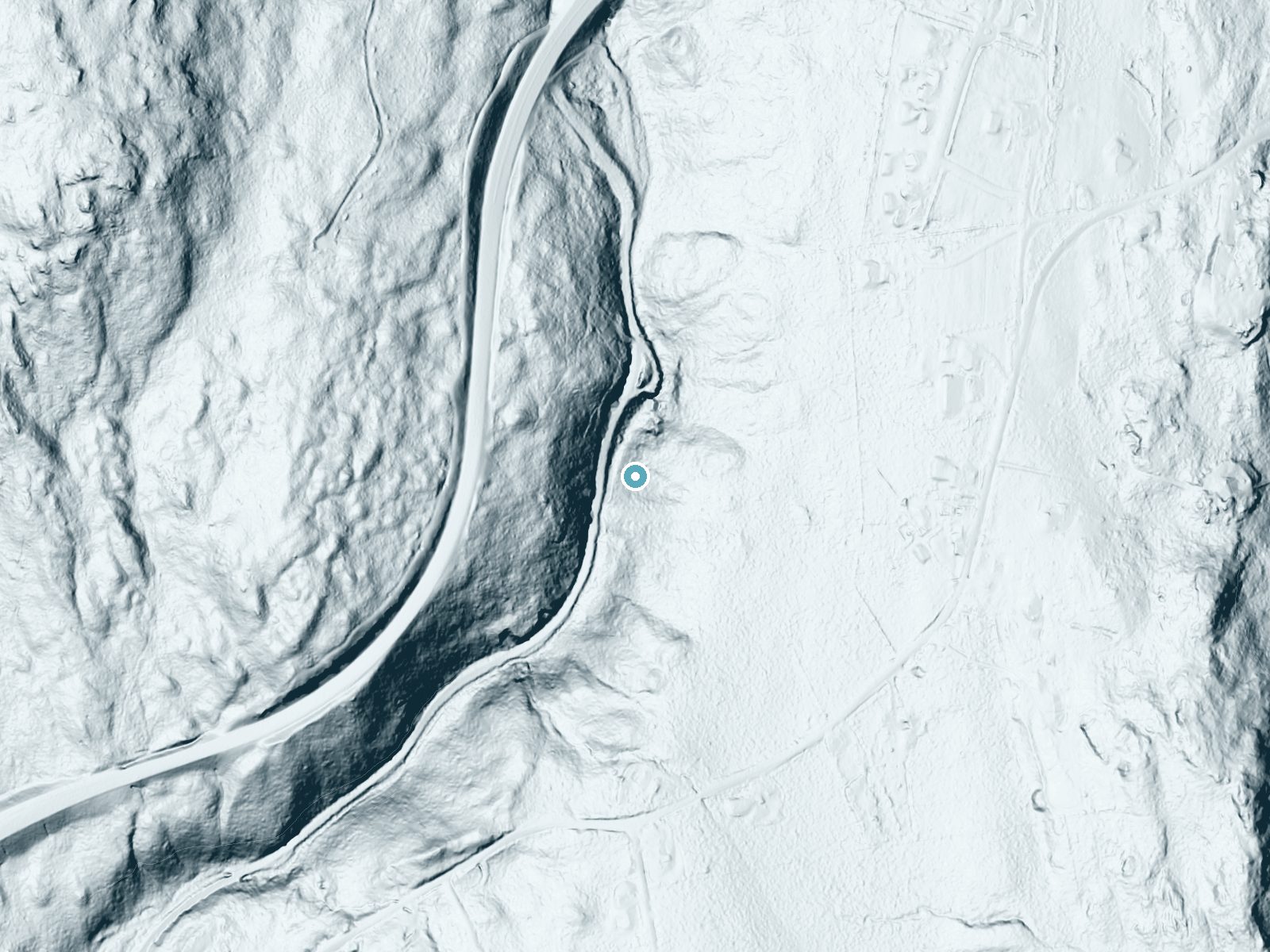 LiDAR bare-earth terrain around Beaver Brook Falls near Keene, New Hampshire, showing about 133 feet of drop, a steep tiered drop, facing west