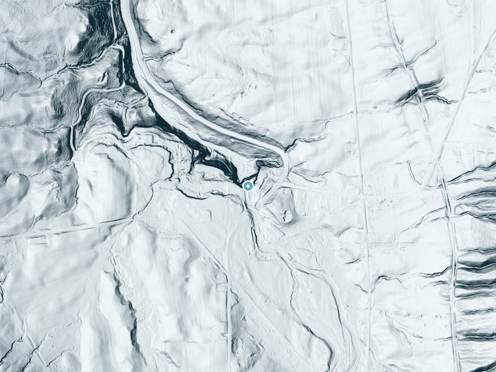 LiDAR bare-earth terrain around Chittenango Falls near Chittenango, New York, showing about 158 feet of drop, a steep tiered drop, facing north