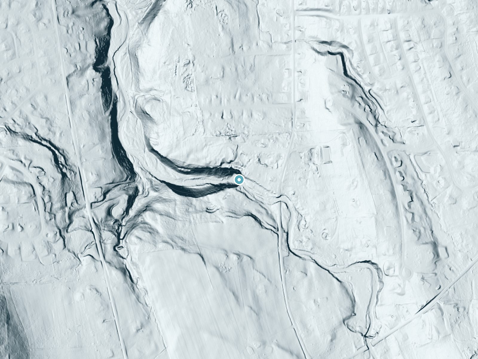 LiDAR bare-earth terrain around Brickyard Falls near Fayetteville, New York, showing about 101 feet of drop, a steep tiered drop, facing west