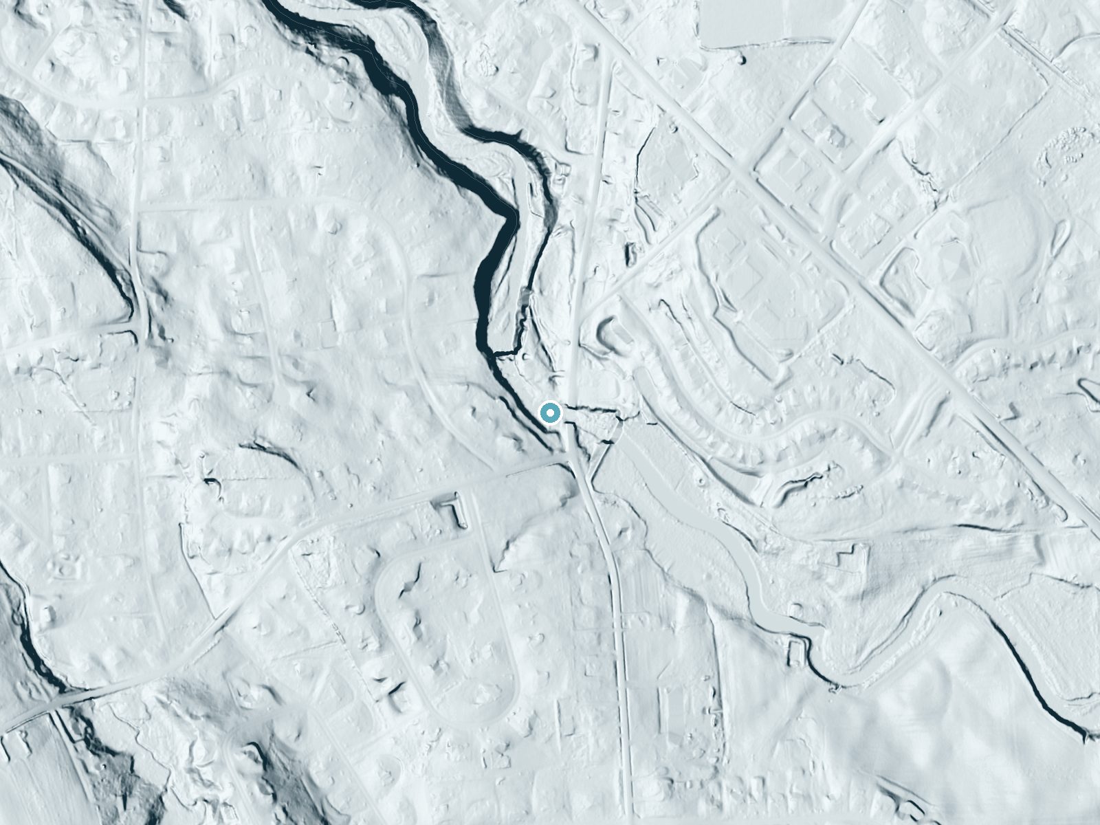 LiDAR bare-earth terrain around Edwards Falls near Fayetteville, New York, showing about 43 feet of drop, a long cascade, facing northeast