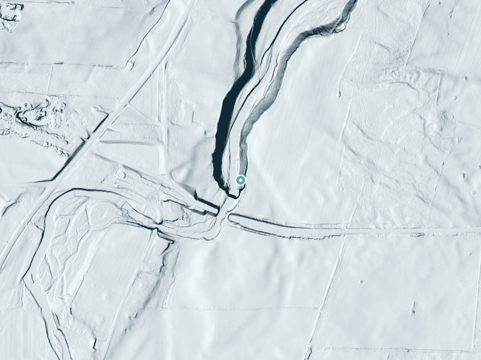 LiDAR bare-earth terrain around Buttermilk Falls near Linwood, New York, showing about 90 feet of drop, a steep tiered drop, facing northwest