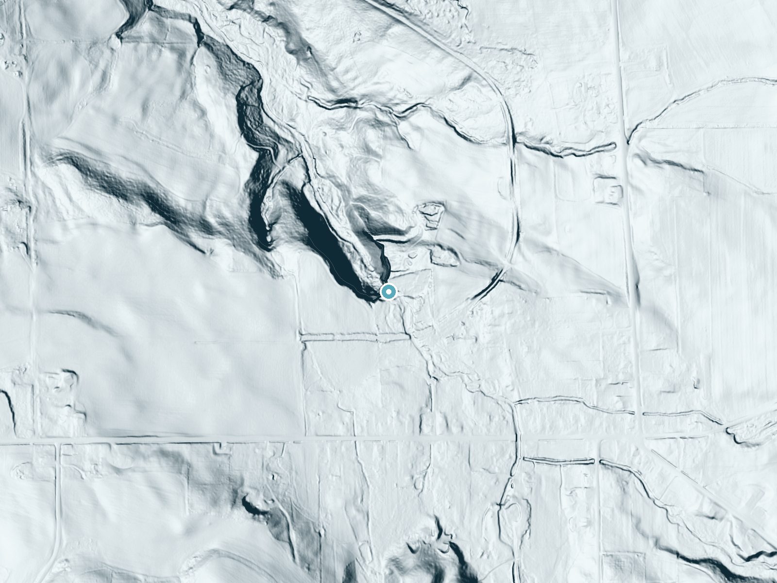 LiDAR bare-earth terrain around Perryville Falls near Chittenango, New York, showing about 158 feet of drop, a steep tiered drop, facing northwest
