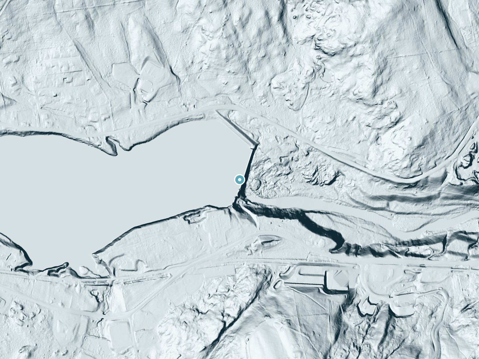 LiDAR bare-earth terrain around Greggs Falls near Pinardville, New Hampshire, showing about 64 feet of drop, a steep tiered drop, facing southeast