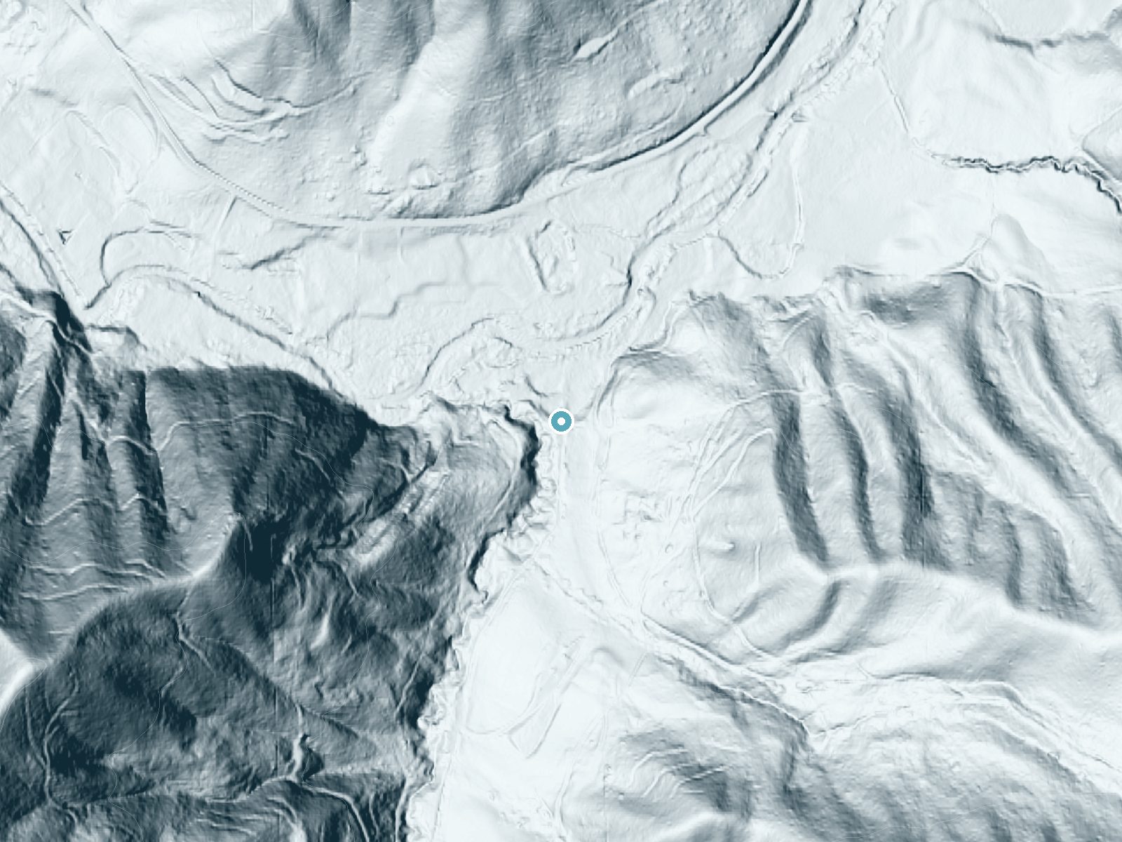 LiDAR bare-earth terrain around Cavitt Falls near Myrtle Creek, Oregon, showing about 59 feet of drop, a long cascade, facing north