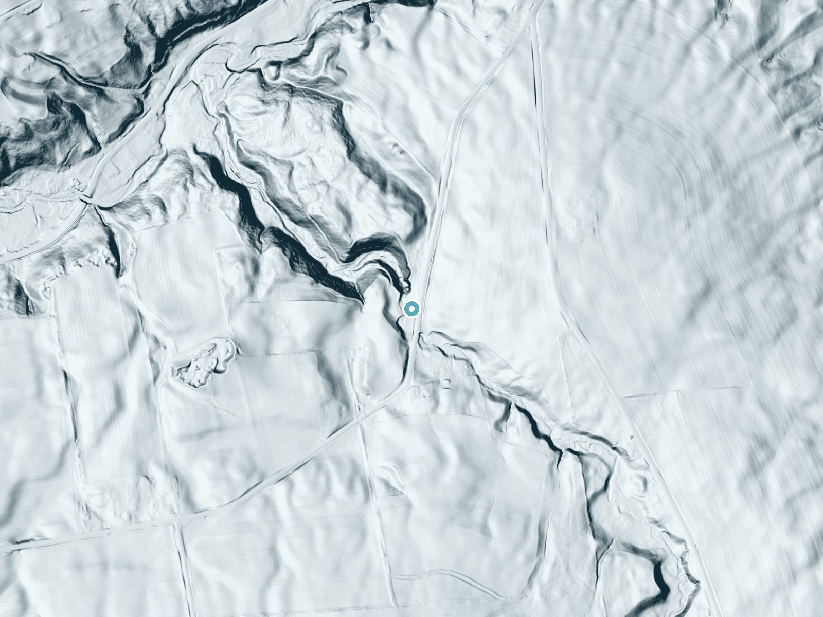LiDAR bare-earth terrain around Buttermilk Falls near Wampsville, New York, showing about 88 feet of drop, a long cascade, facing northwest