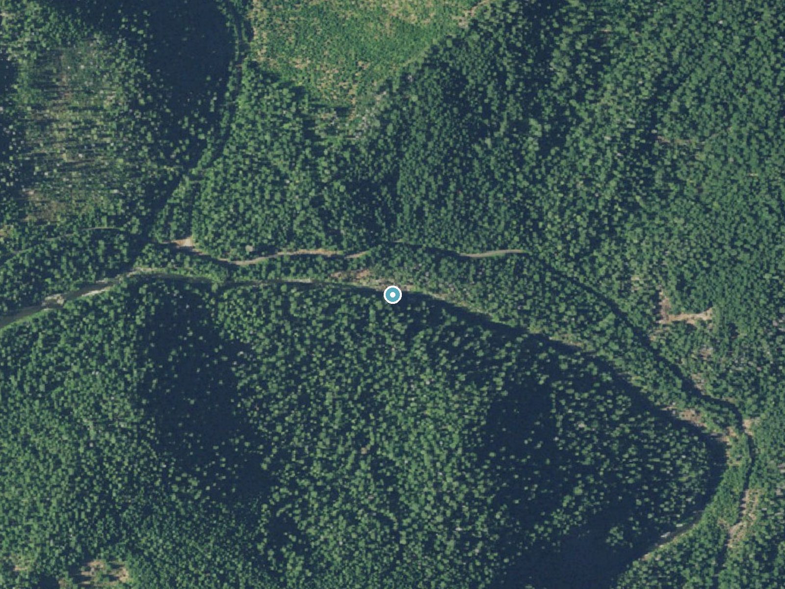 Aerial view of the ground around Campbell Falls near Days Creek, Oregon