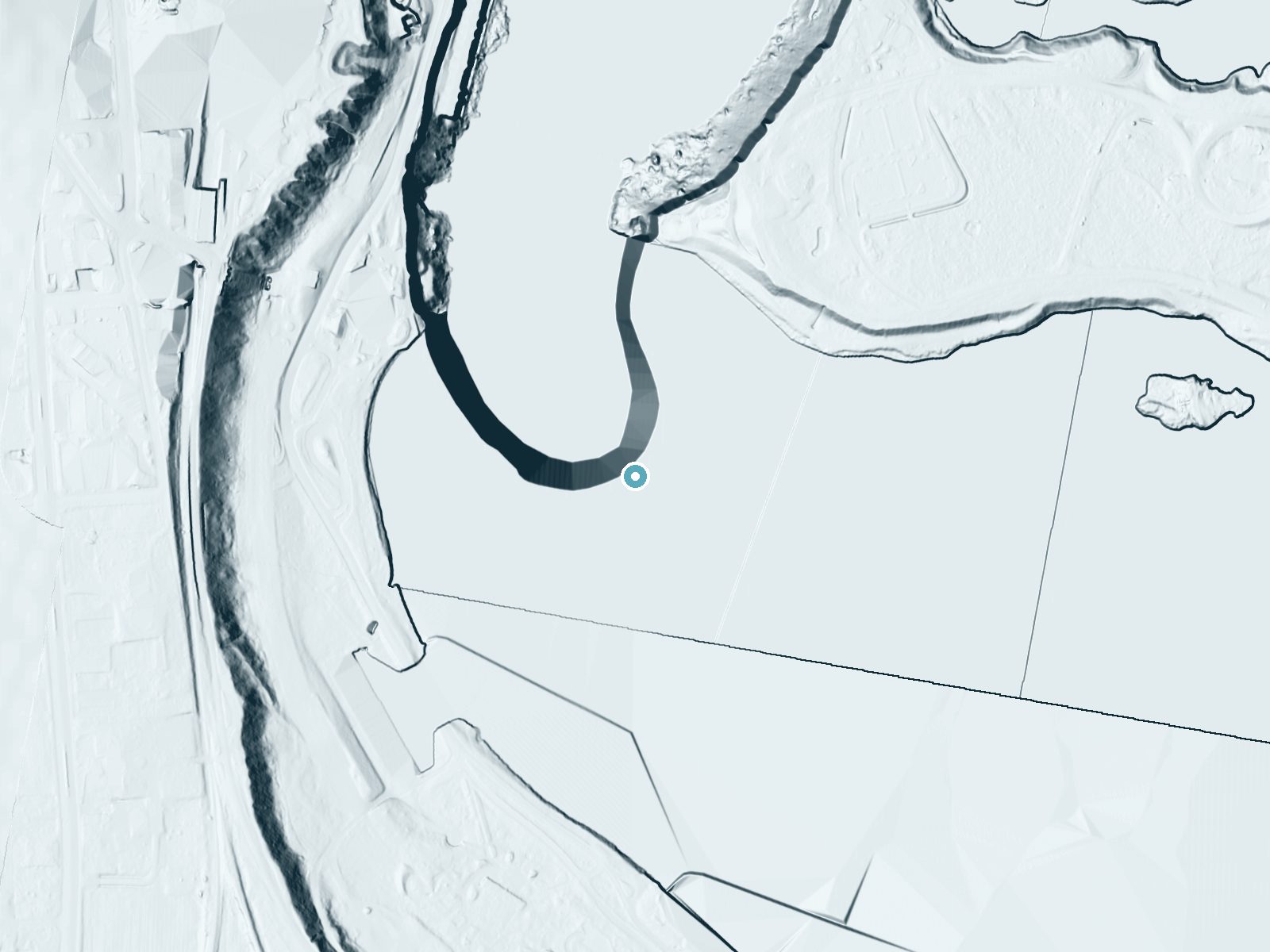 LiDAR bare-earth terrain around Horseshoe Falls near Niagara Falls, New York, showing about 172 feet of drop, a single sheer drop, facing northwest