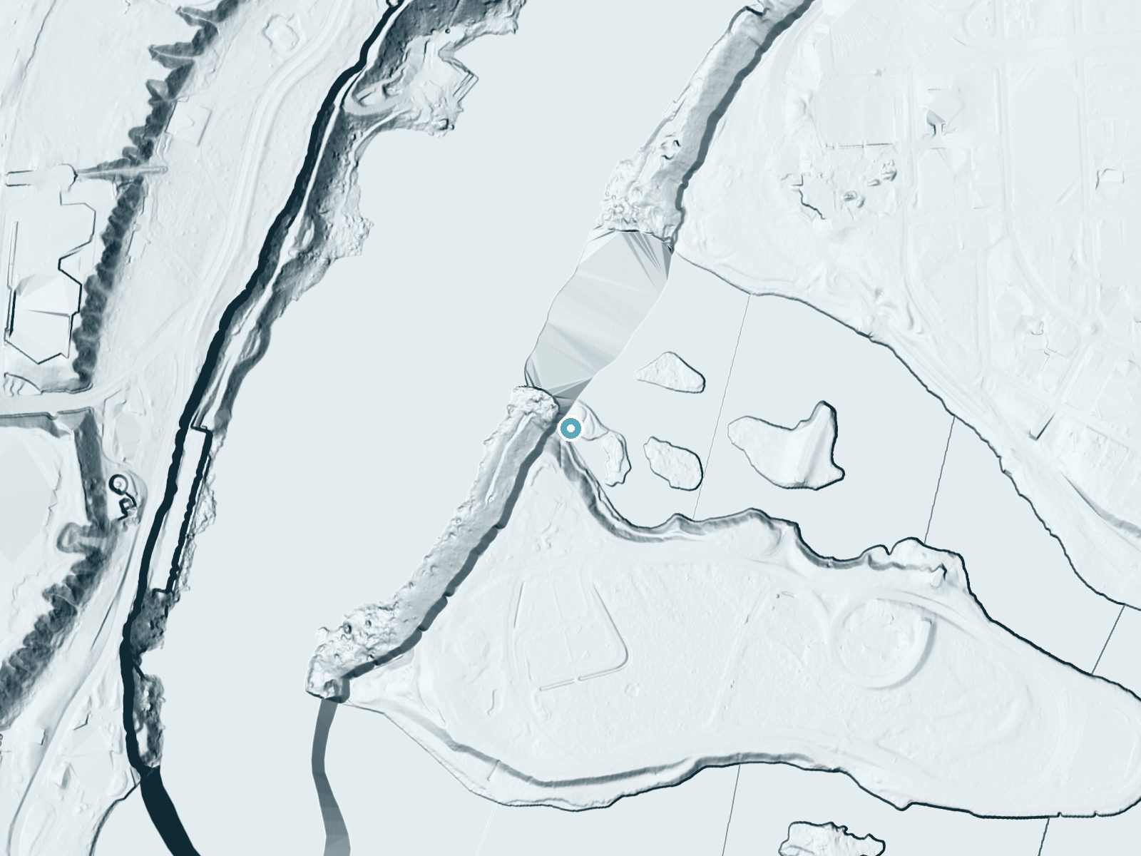 LiDAR bare-earth terrain around Niagara Falls near Niagara Falls, New York, showing about 202 feet of drop, a steep tiered drop, facing northwest