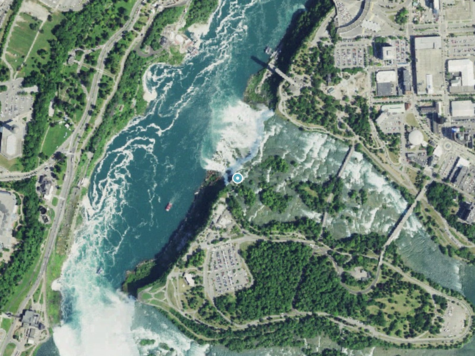 Aerial photo of the same ground around Bridal Veil Falls near Niagara Falls, New York, for comparison with the lidar view
