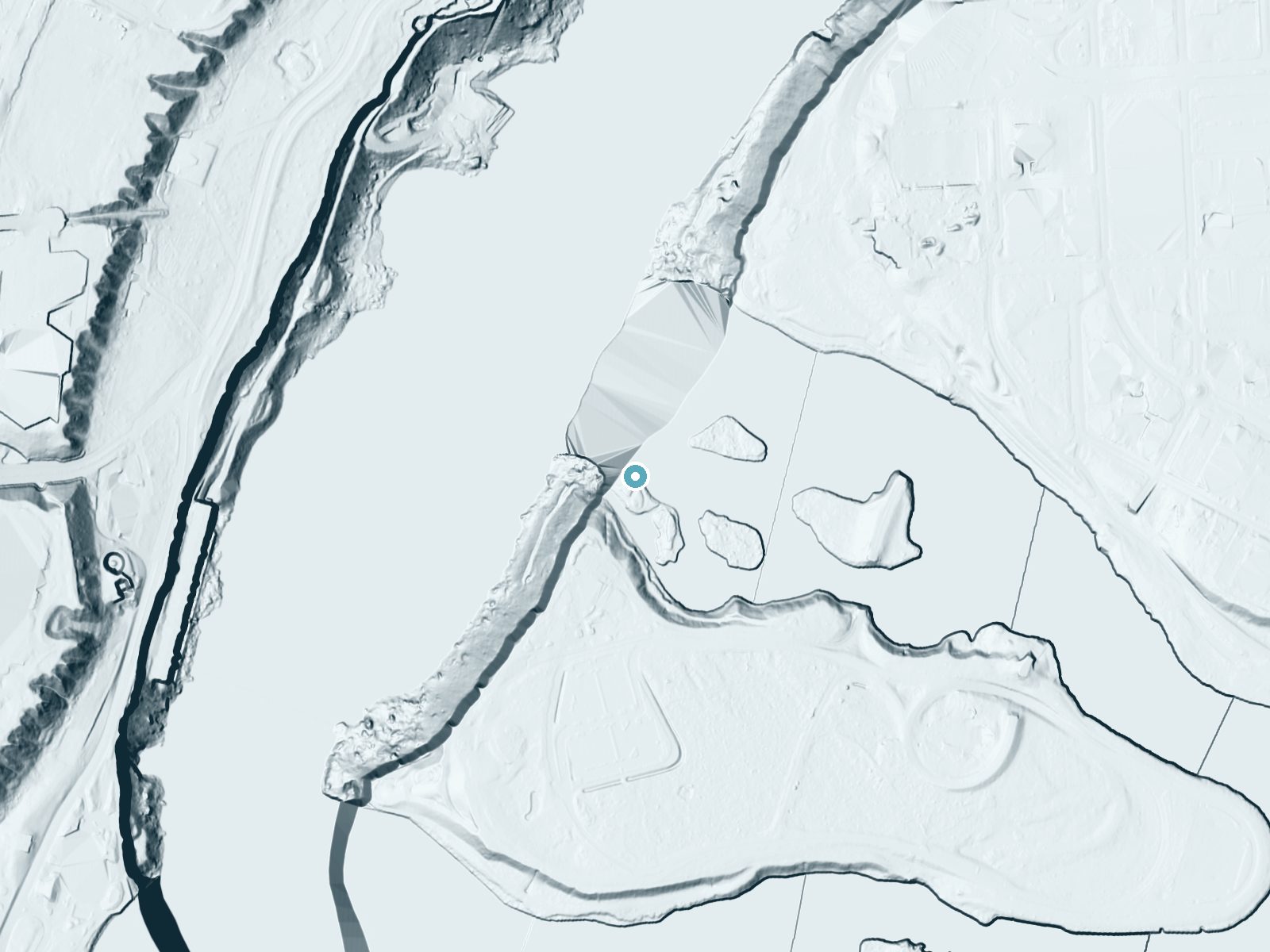 LiDAR bare-earth terrain around Bridal Veil Falls near Niagara Falls, New York, showing about 174 feet of drop, a steep tiered drop, facing northwest