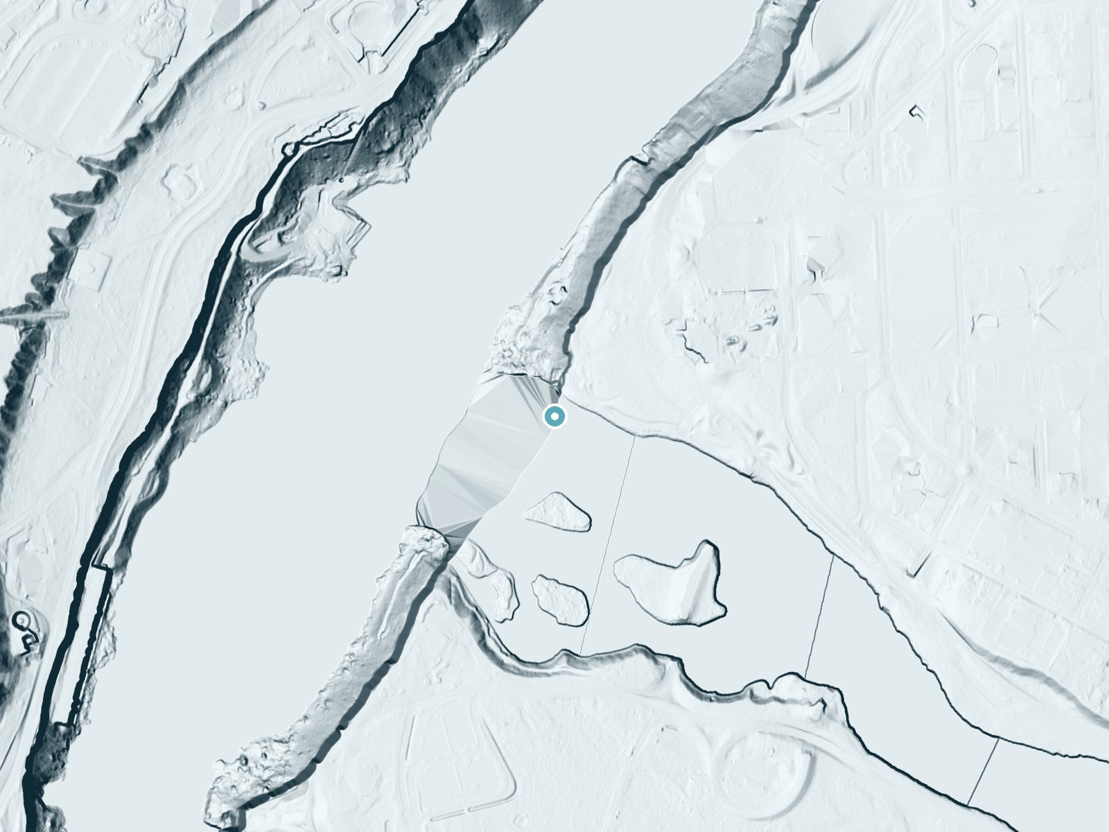 LiDAR bare-earth terrain around American Falls near Niagara Falls, New York, showing about 156 feet of drop, a steep tiered drop, facing northwest