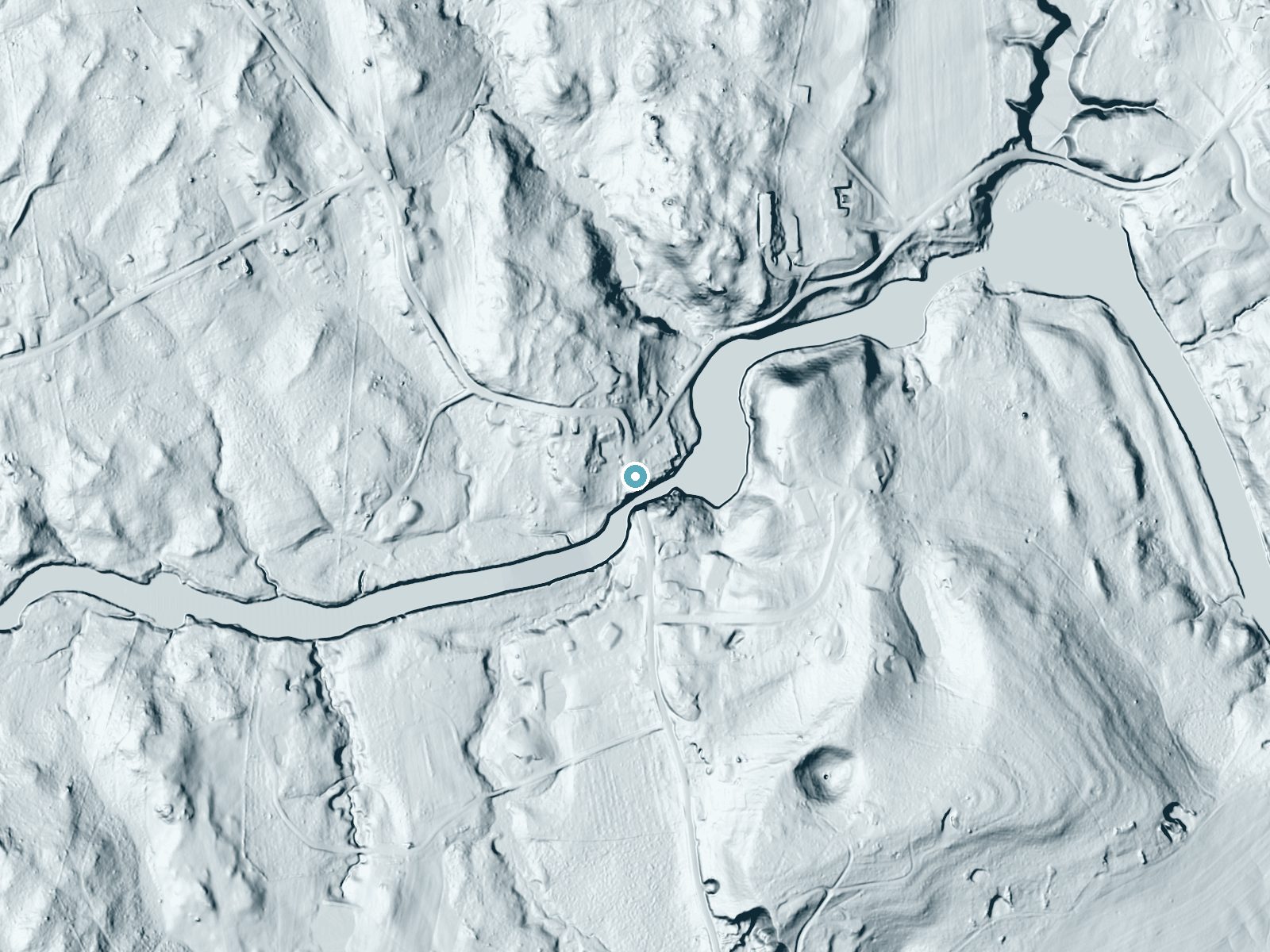 LiDAR bare-earth terrain around Packers Falls near Dover, New Hampshire, showing about 51 feet of drop, a long cascade, facing southeast