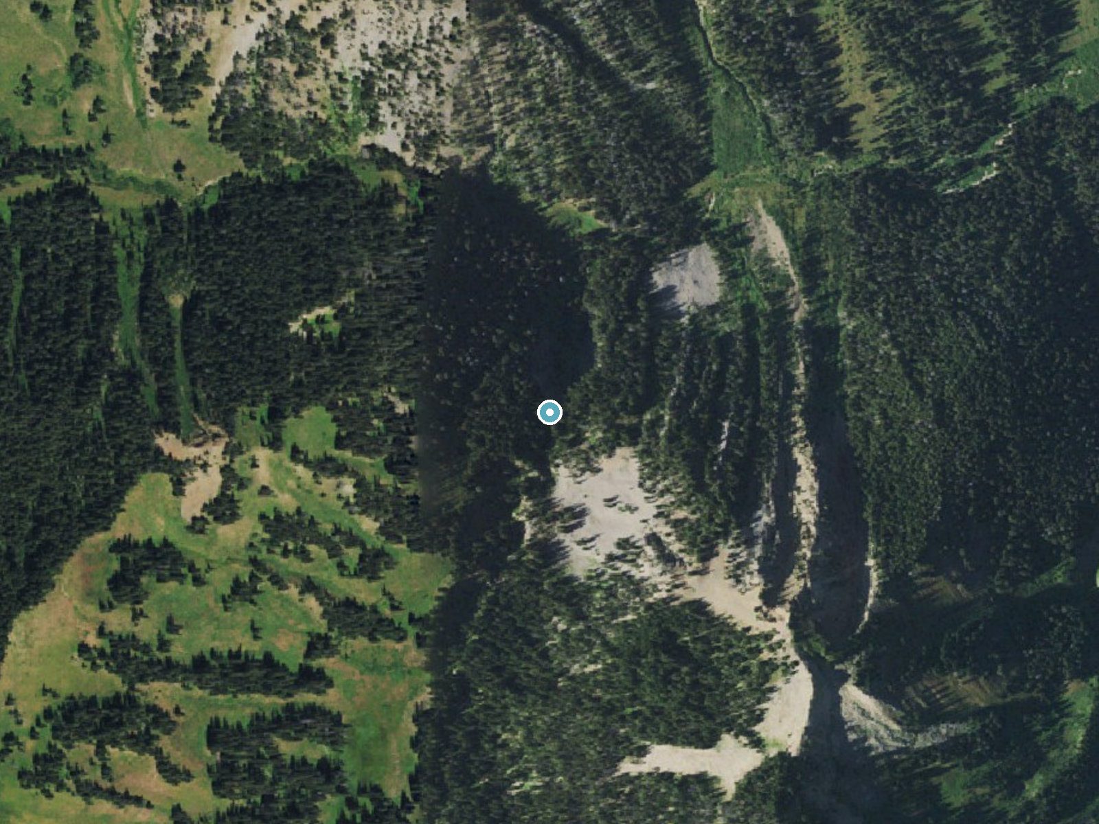 Aerial photo of the same ground around Cliff Creek Falls near Bondurant, Wyoming, for comparison with the lidar view