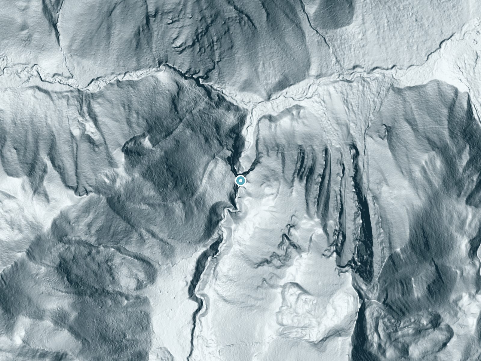 LiDAR bare-earth terrain around Cliff Creek Falls near Bondurant, Wyoming, showing about 400 feet of drop, a single sheer drop, facing north