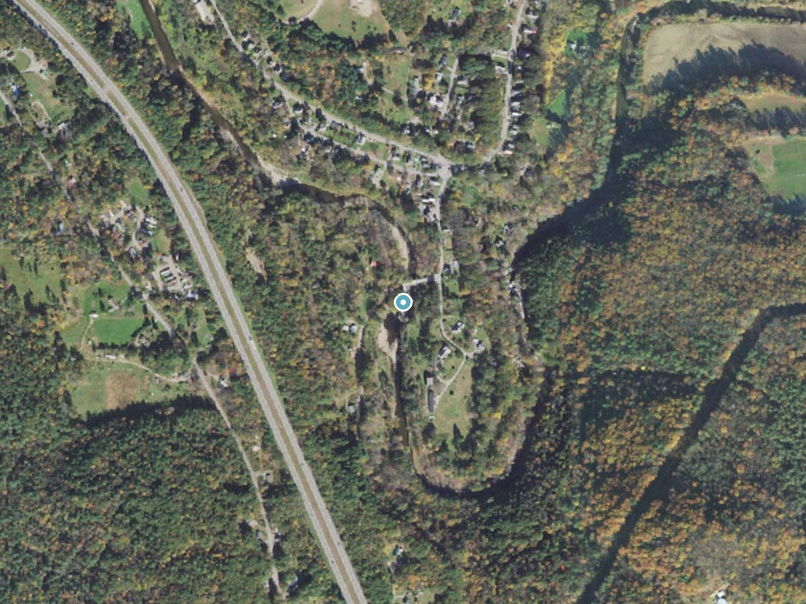 Aerial photo of the same ground around Gages Falls near North Westminster, Vermont, for comparison with the lidar view